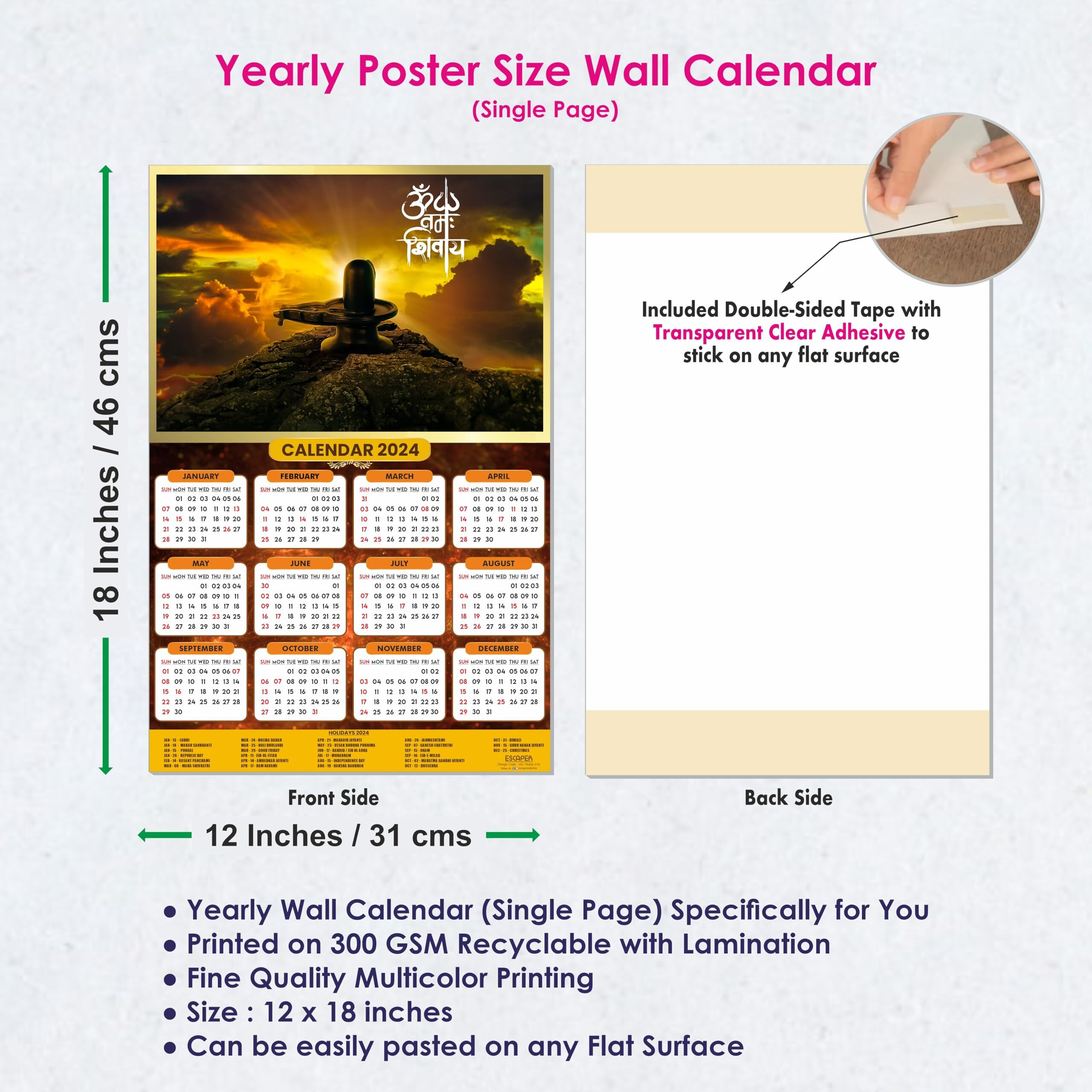 ESCAPER Bholenath Big Calendar 2024 for Wall Unique Religious Indian God Theme Wallpaper Easy Application Perfect New Year Gift (Pack of 5 Units)