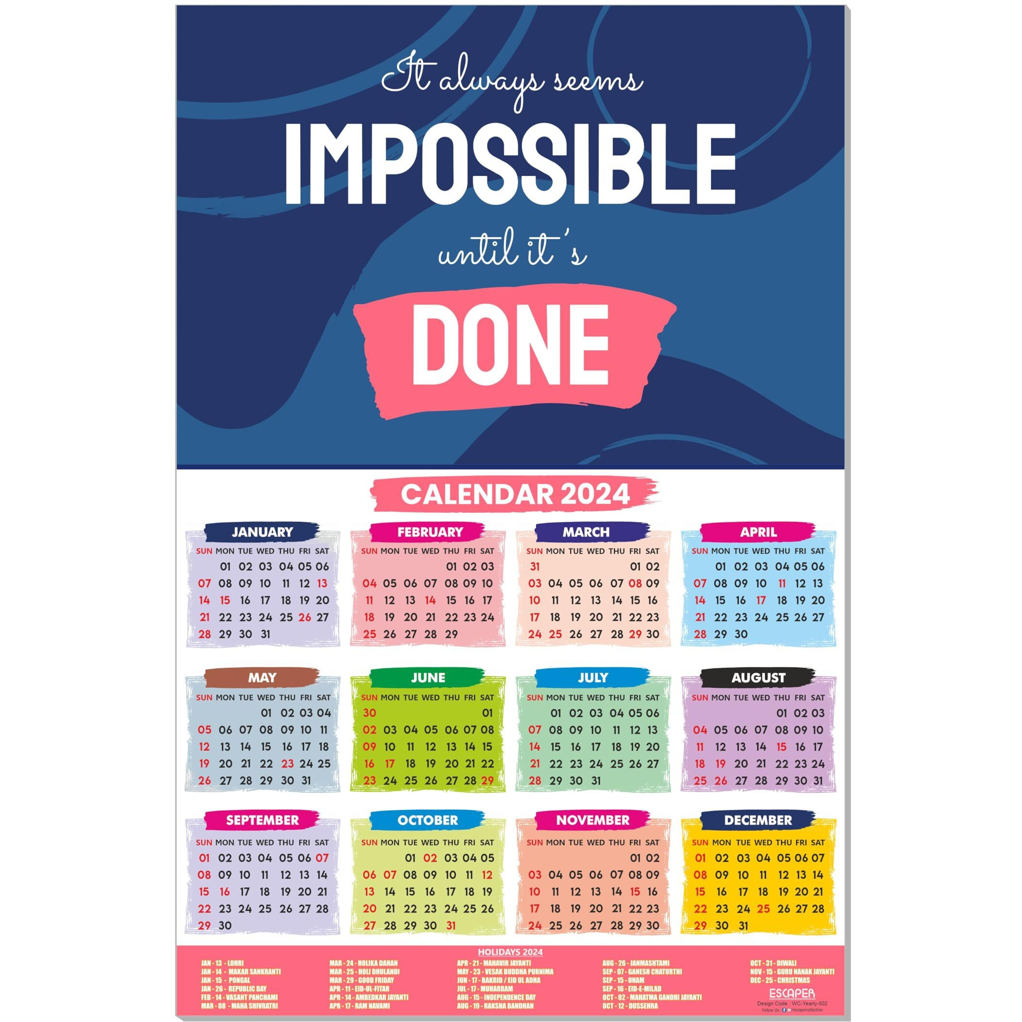 ESCAPER Impossible Until its Done Motivational Calendar 2024 for Wall Single Page Yearly Wall Hanging with Easy Application Perfect New Year Gift (Pack of 10 Units)