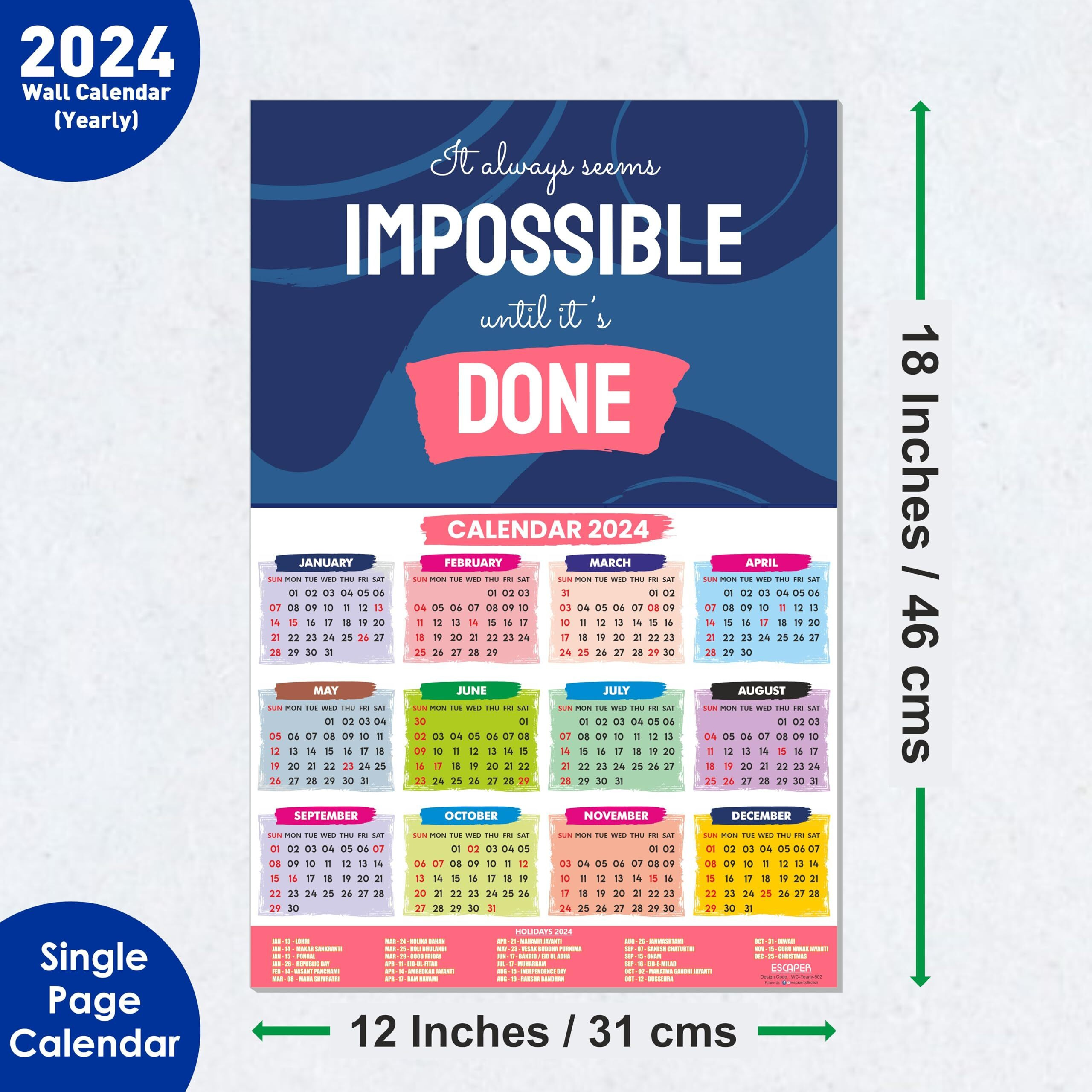 ESCAPER Impossible Until its Done Motivational Calendar 2024 for Wall Single Page Yearly Wall Hanging with Easy Application Perfect New Year Gift (Pack of 10 Units)