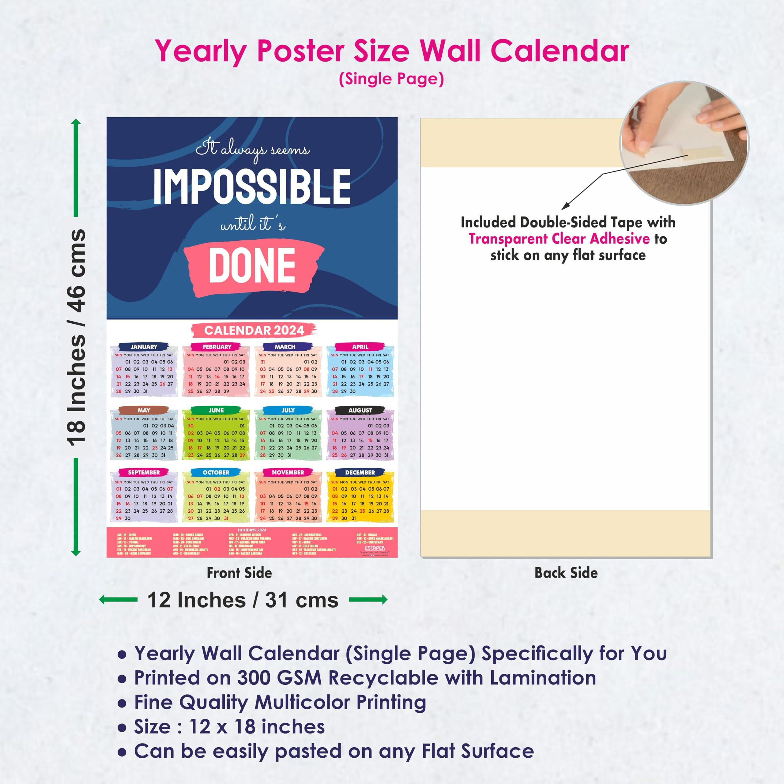 ESCAPER Impossible Until its Done Motivational Calendar 2024 for Wall Single Page Yearly Wall Hanging with Easy Application Perfect New Year Gift (Pack of 10 Units)