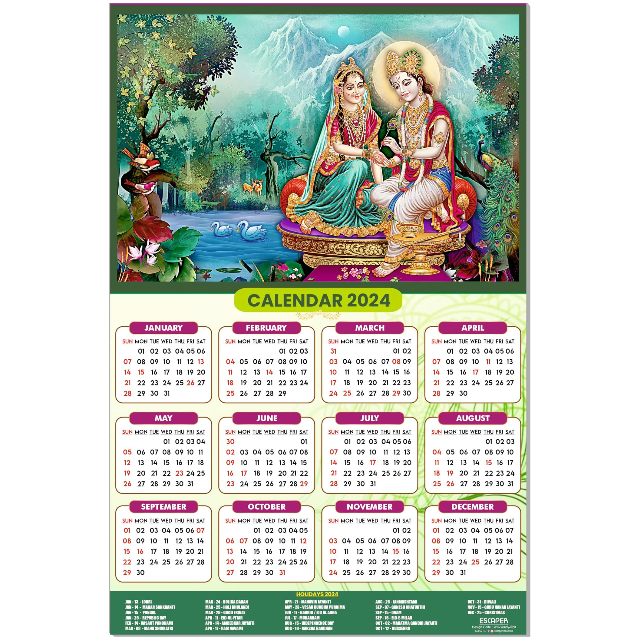 ESCAPER Radha Krishna Calendar Big Size 2024 for Wall Unique God Theme Wallpaper Easy Application Perfect New Year Gift (Pack of 10 Units)