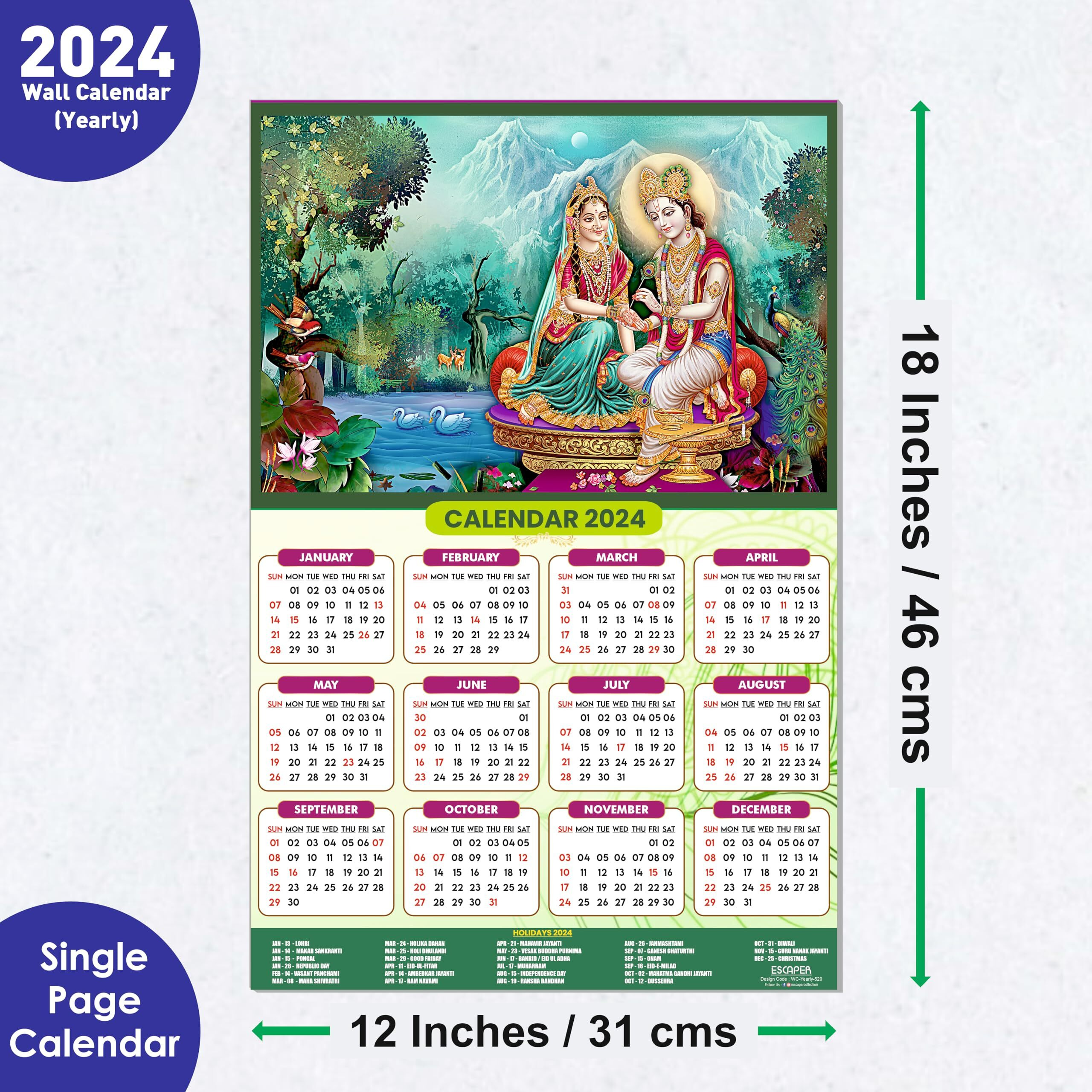 ESCAPER Radha Krishna Calendar Big Size 2024 for Wall Unique God Theme Wallpaper Easy Application Perfect New Year Gift (Pack of 10 Units)