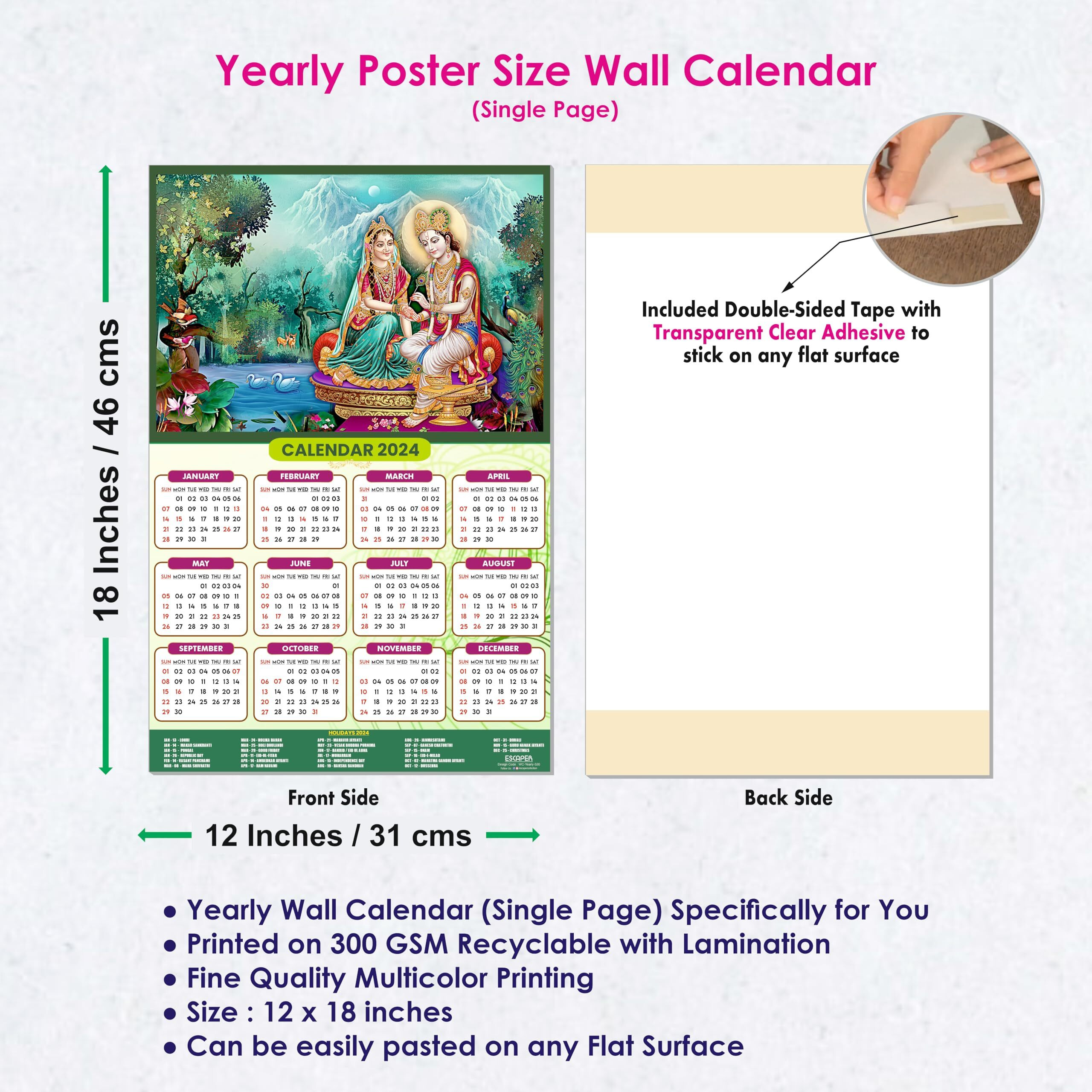 ESCAPER Radha Krishna Calendar Big Size 2024 for Wall Unique God Theme Wallpaper Easy Application Perfect New Year Gift (Pack of 10 Units)