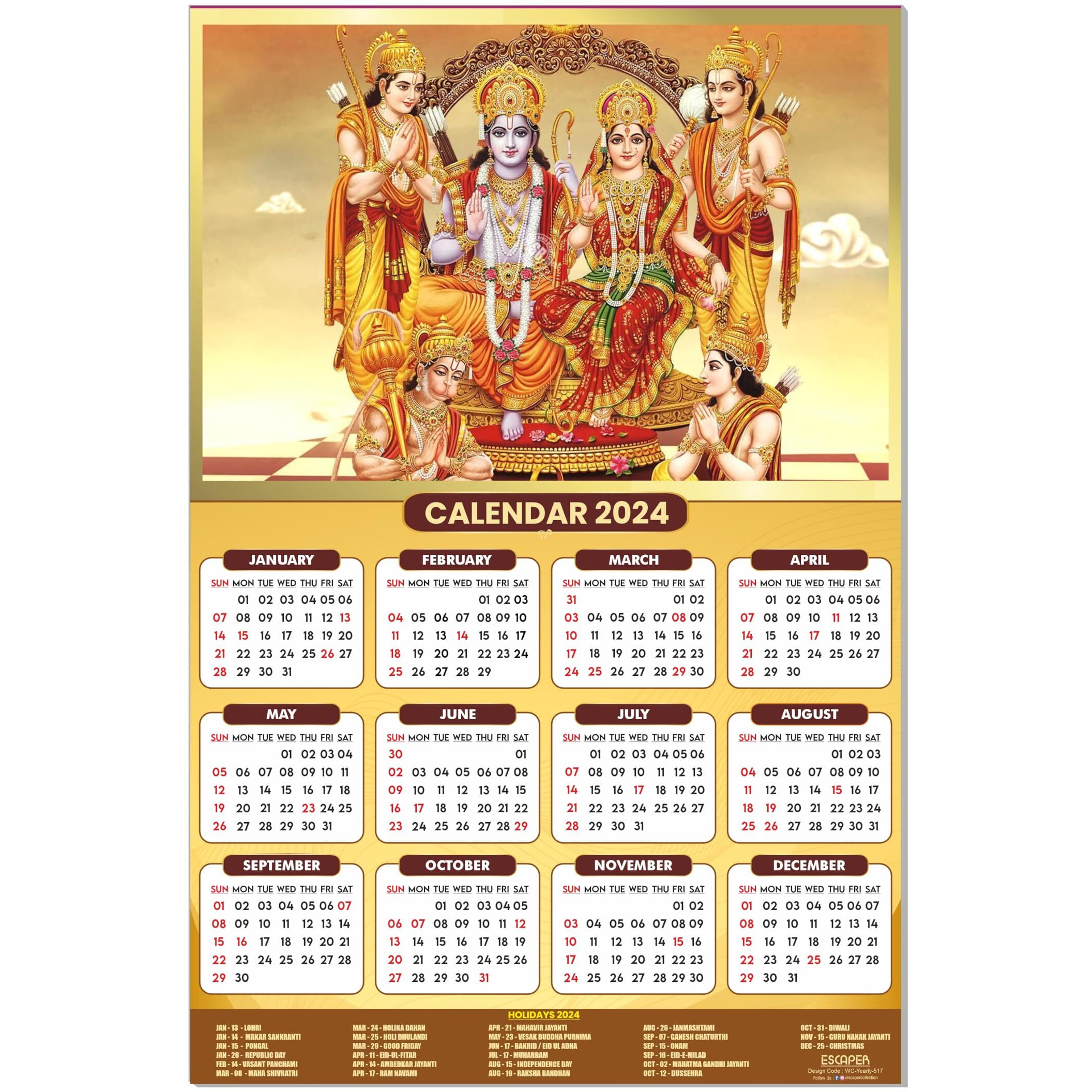 ESCAPER Ram Darbar Calendar 2024 for Wall Single Page Yearly Indian God Theme Wallpaper Easy Application Perfect New Year (Pack of 5 Units)