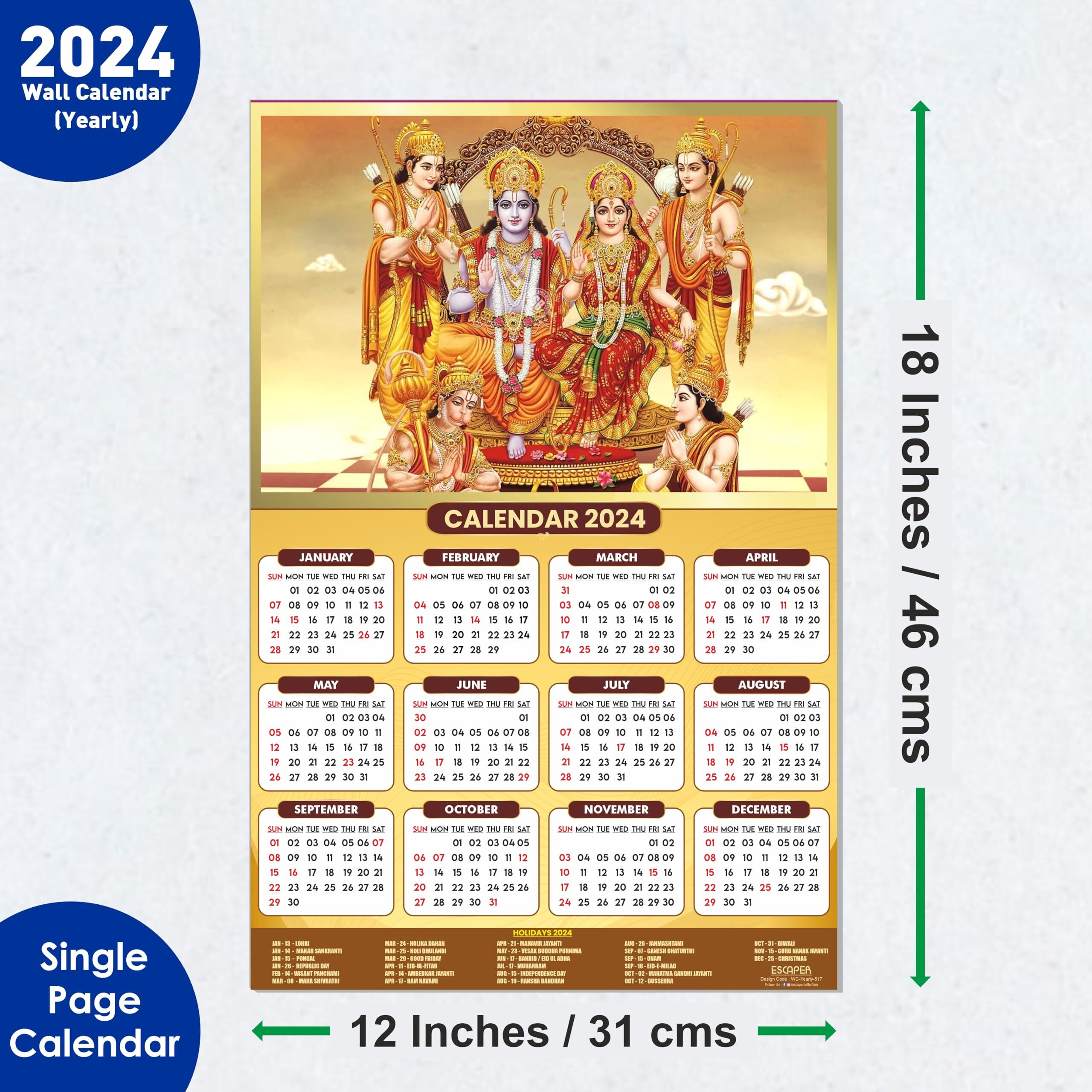 ESCAPER Ram Darbar Calendar 2024 for Wall Single Page Yearly Indian God Theme Wallpaper Easy Application Perfect New Year (Pack of 5 Units)
