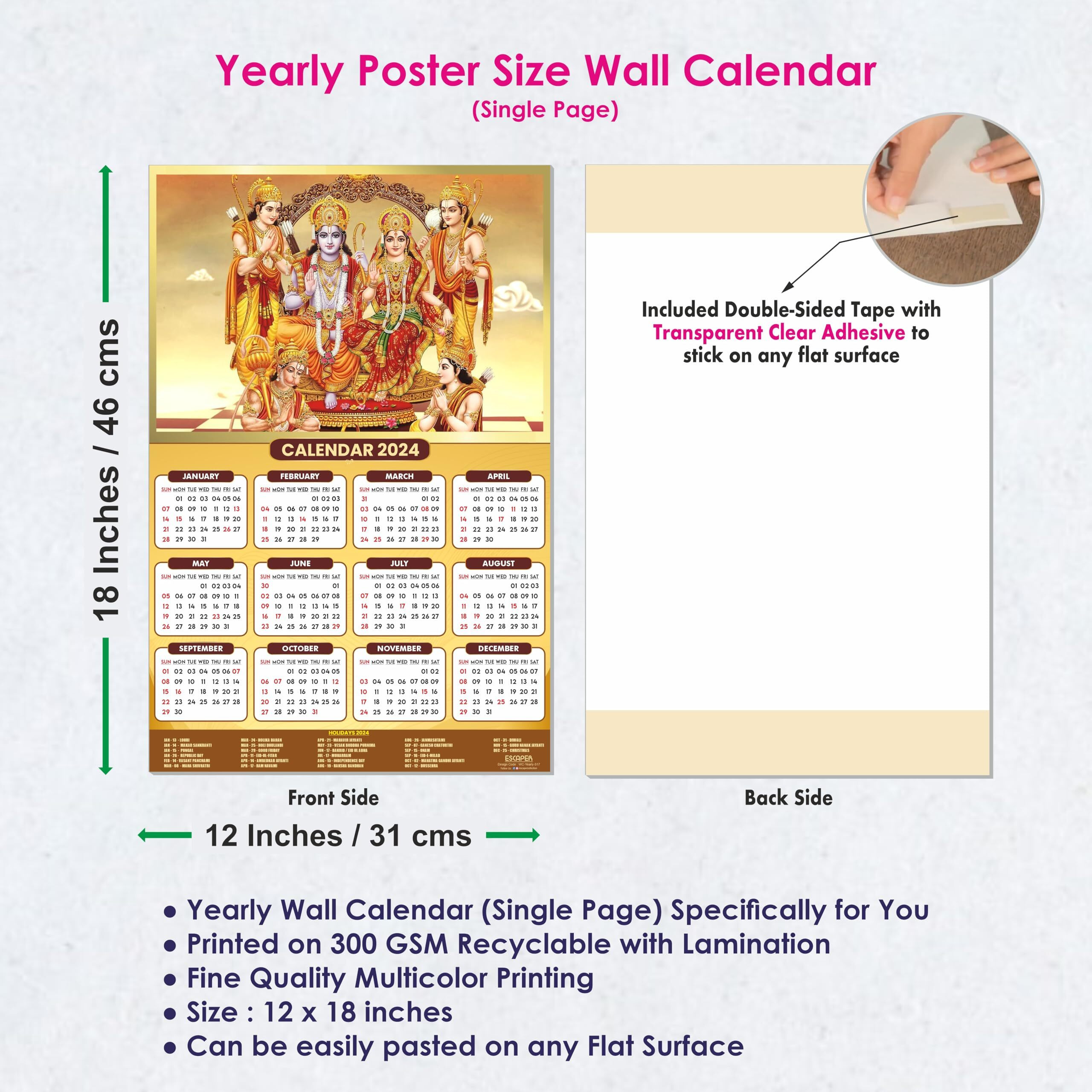 ESCAPER Ram Darbar Calendar 2024 for Wall Single Page Yearly Indian God Theme Wallpaper Easy Application Perfect New Year (Pack of 5 Units)