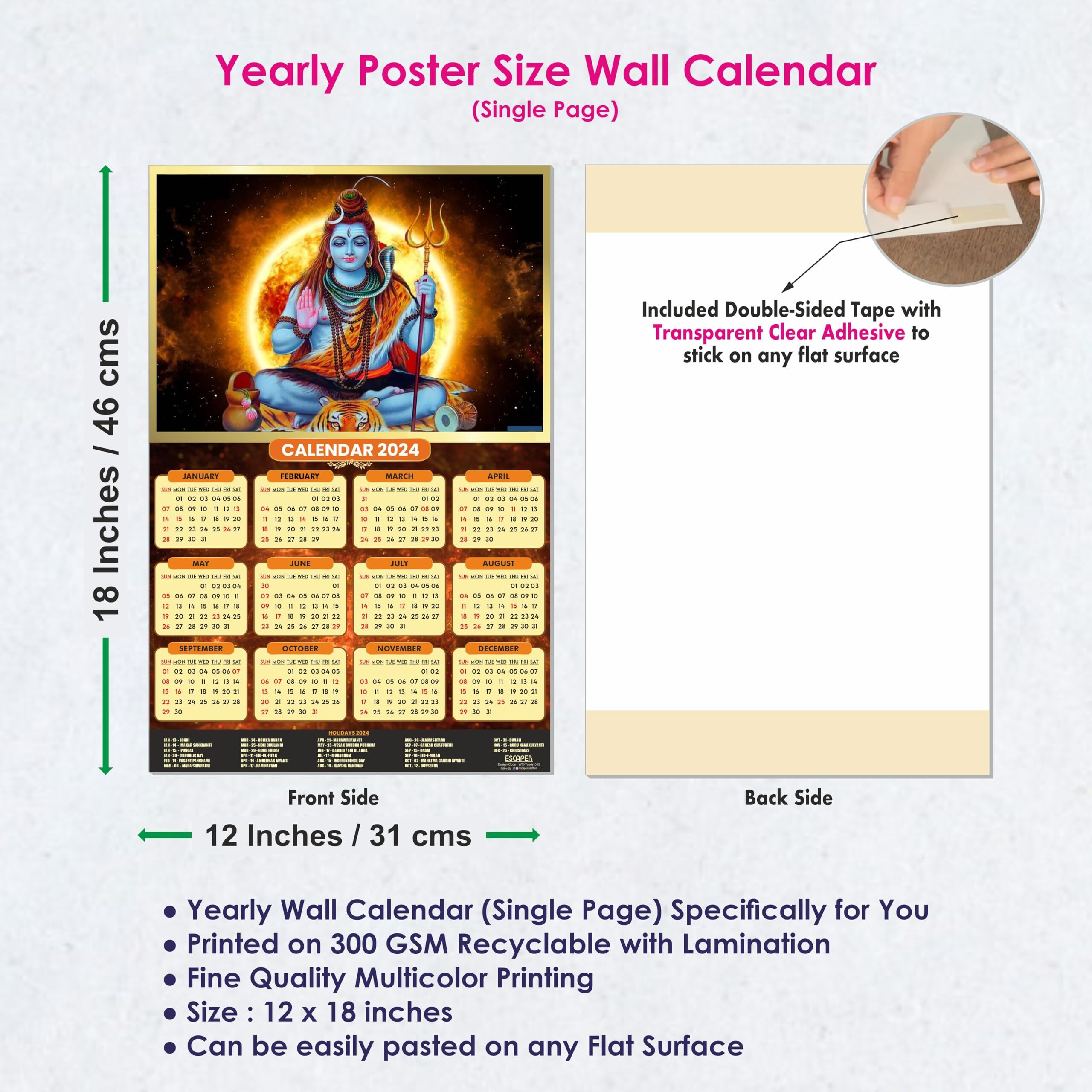 ESCAPER Lord Shiva Wall Calendar 2024 for Wall Unique Indian God Theme Wallpaper Easy Application Perfect New Year Gift (Pack of 5 Units)