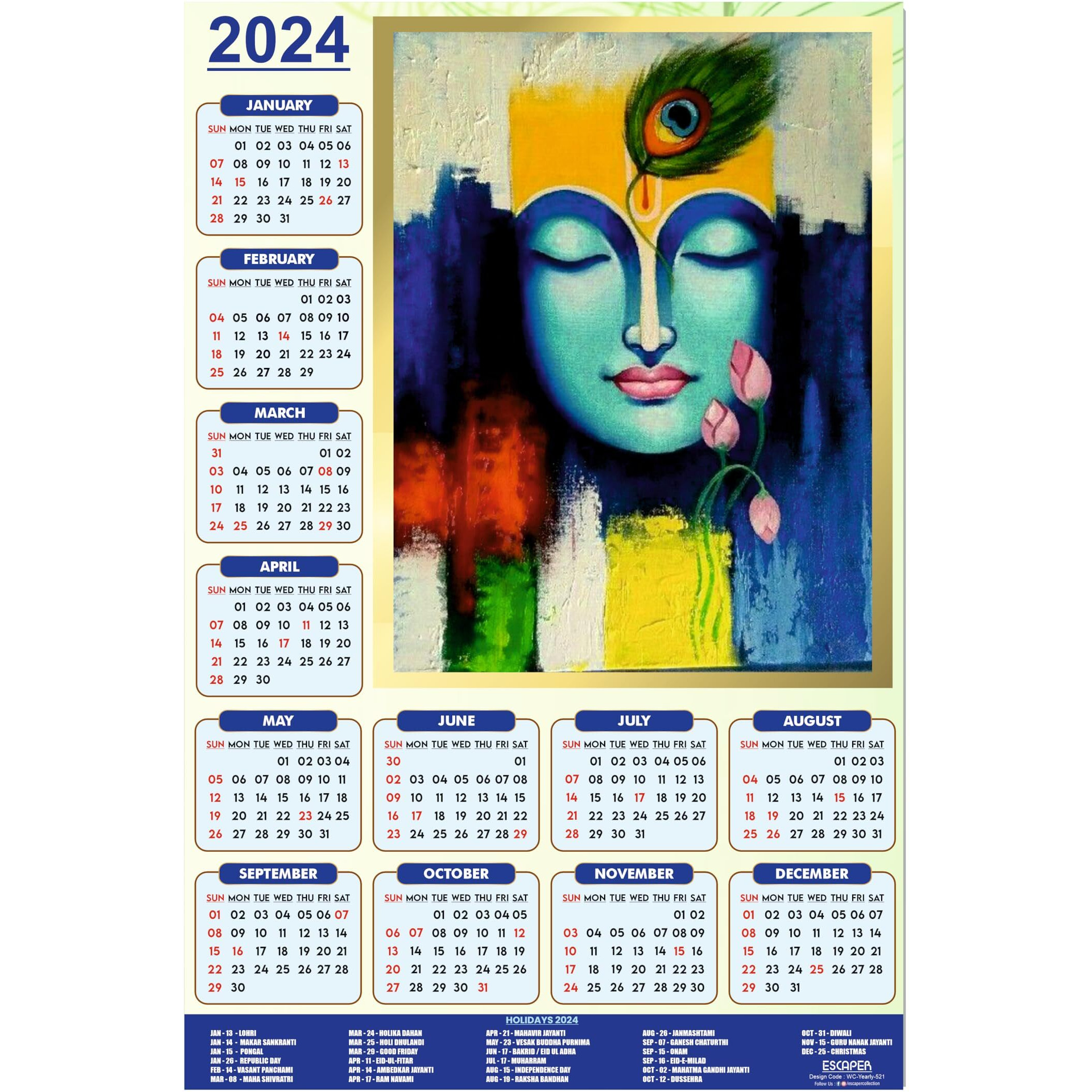 ESCAPER Lord Krishna Calendar 2024 for Wall Big Size Unique God Theme Wallpaper Easy Application Perfect New Year Gift (Pack of 10 Units)