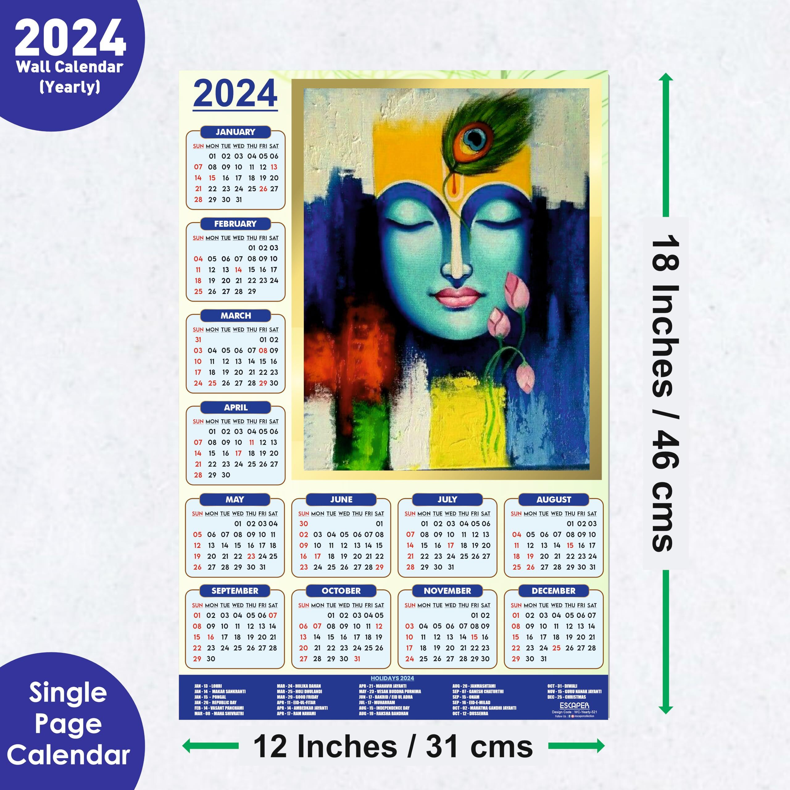 ESCAPER Lord Krishna Calendar 2024 for Wall Big Size Unique God Theme Wallpaper Easy Application Perfect New Year Gift (Pack of 10 Units)