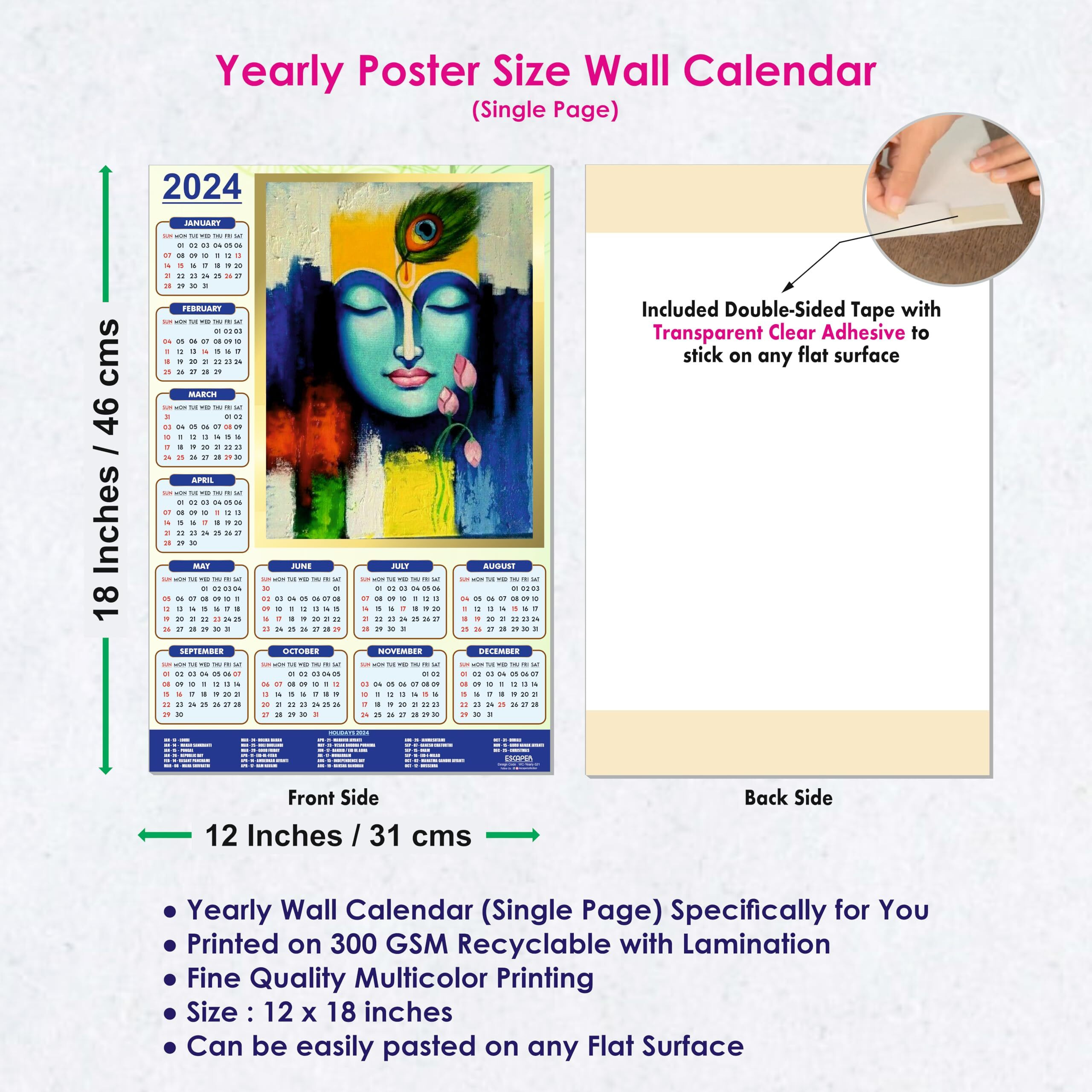 ESCAPER Lord Krishna Calendar 2024 for Wall Big Size Unique God Theme Wallpaper Easy Application Perfect New Year Gift (Pack of 10 Units)