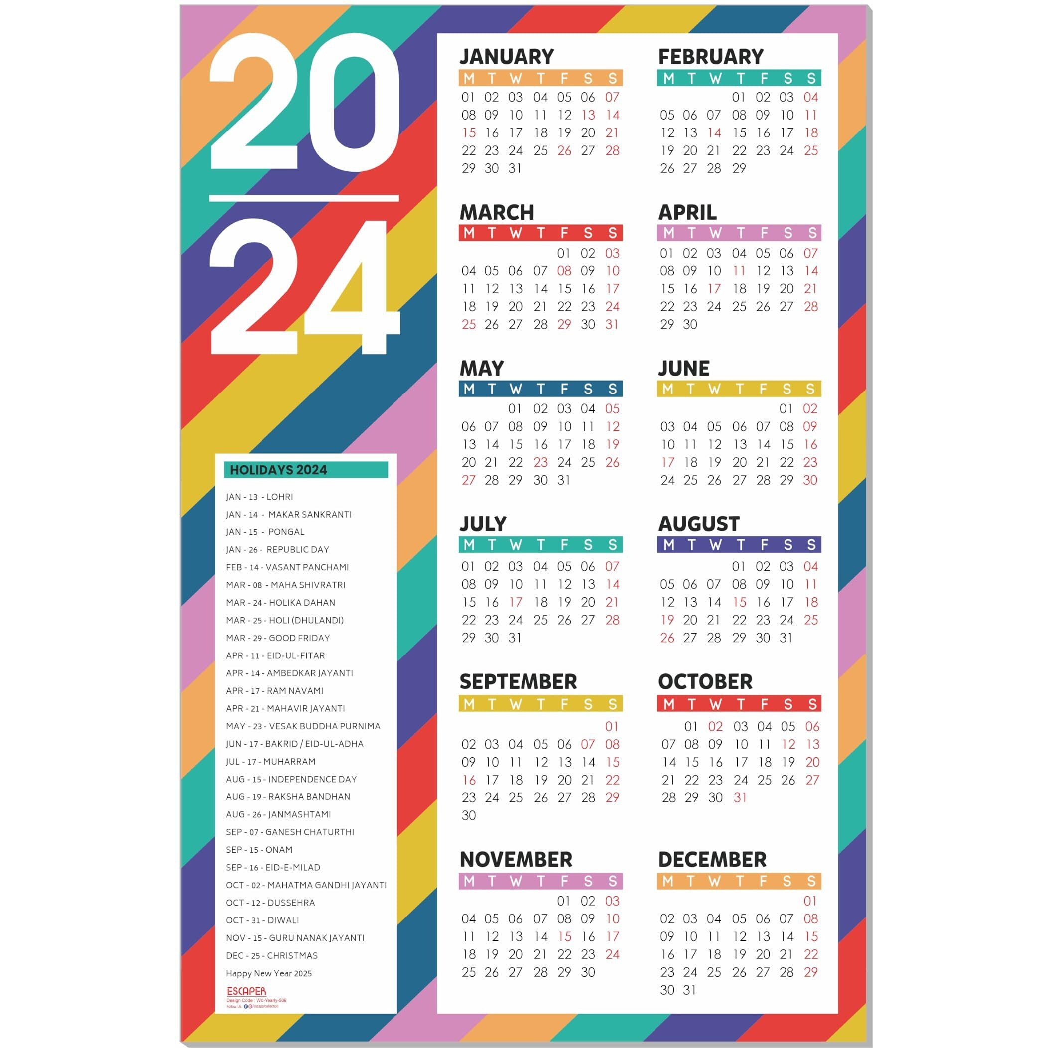ESCAPER Stripes Theme Wall Calendar 2024 for Wall Single Page Yearly Wall Hanging Easy Application Perfect New Year Gift (Pack of 10 Units)