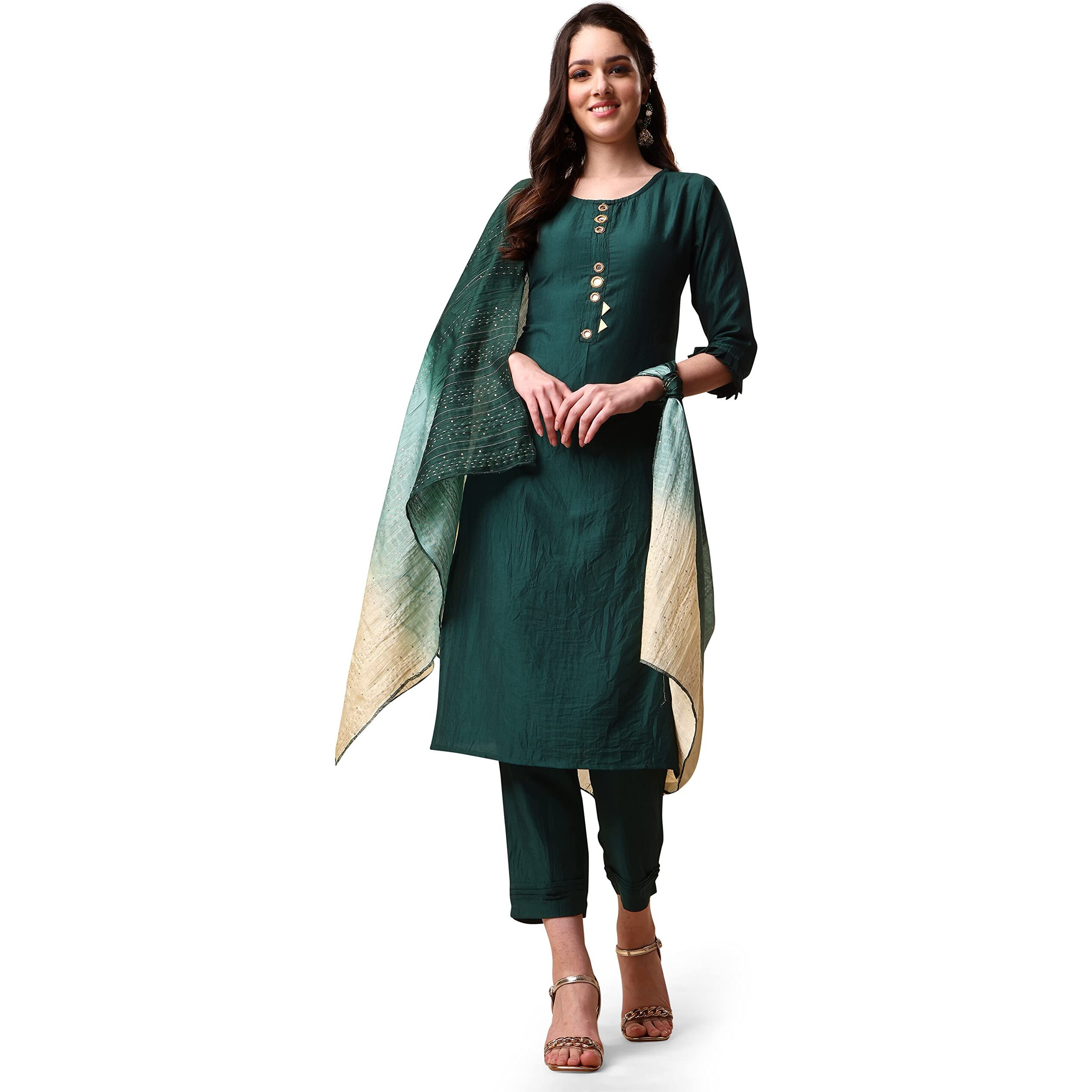 EthnicJunction Women s Solid Mirror Work Chinon Straight Kurta Pant with Sequence Ombre Dupatta (SKD14-Chinon 3D-Green_2XL_Green)