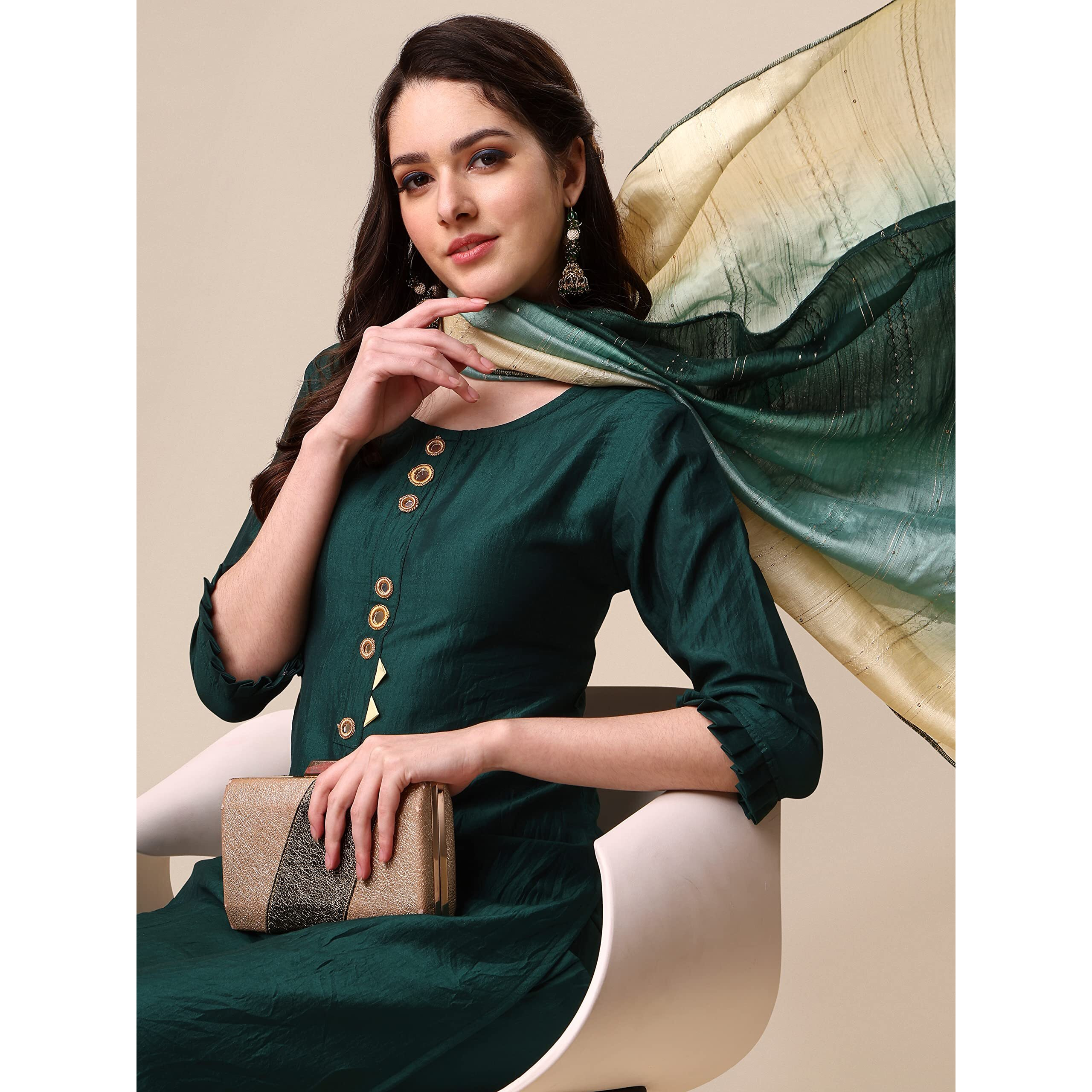 EthnicJunction Women s Solid Mirror Work Chinon Straight Kurta Pant with Sequence Ombre Dupatta (SKD14-Chinon 3D-Green_2XL_Green)