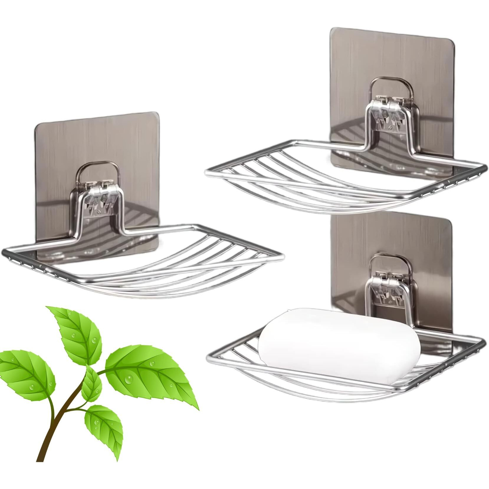 Style Keepers 2Pcs Soap Holder Set Single Layer Stand for home With Self Adhesive Sticker Storage Rack Hanging Waterproof Dish Box Case Self Draining Stickable - Stainless Steel Silver Chorme (2)