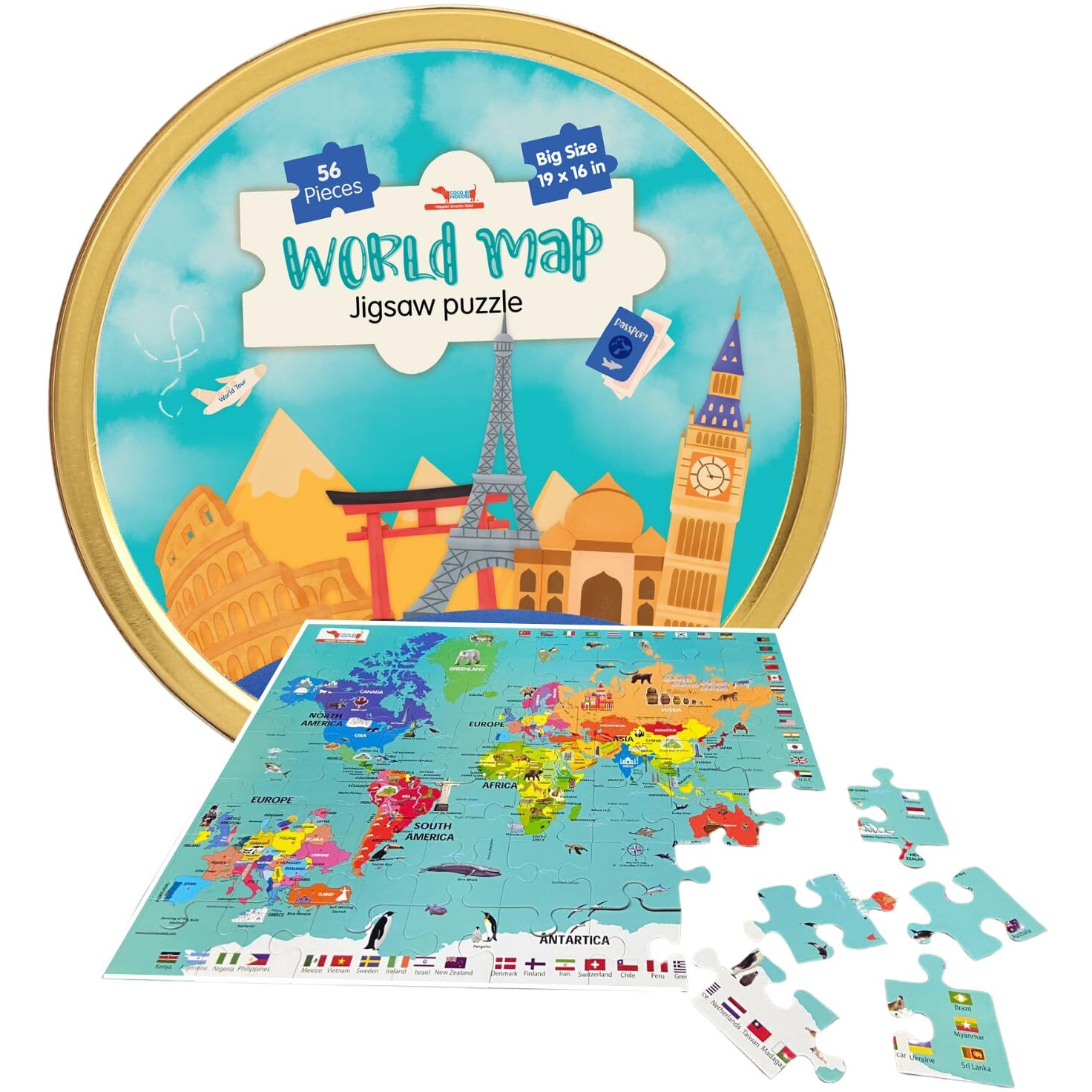 CocoMoco Kids World Map Puzzle for 3 to 6 Year Old Boys and Girls, 56 Pieces, Learning and Educational Gift, Return Gift for Kids (Pack of 1)