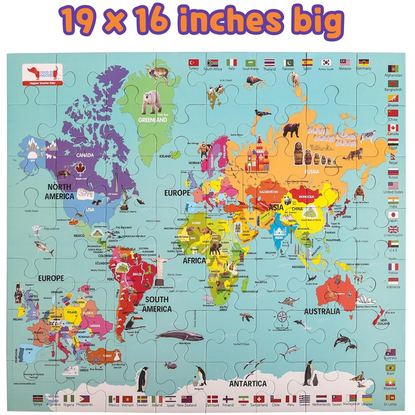 CocoMoco Kids World Map Puzzle for 3 to 6 Year Old Boys and Girls, 56 Pieces, Learning and Educational Gift, Return Gift for Kids (Pack of 1)