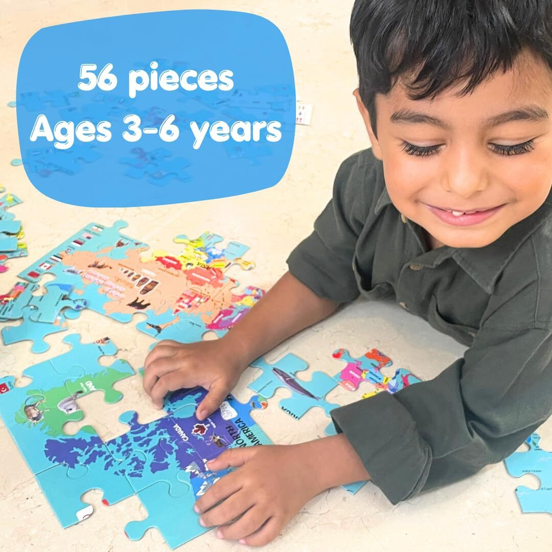 CocoMoco Kids World Map Puzzle for 3 to 6 Year Old Boys and Girls, 56 Pieces, Learning and Educational Gift, Return Gift for Kids (Pack of 1)