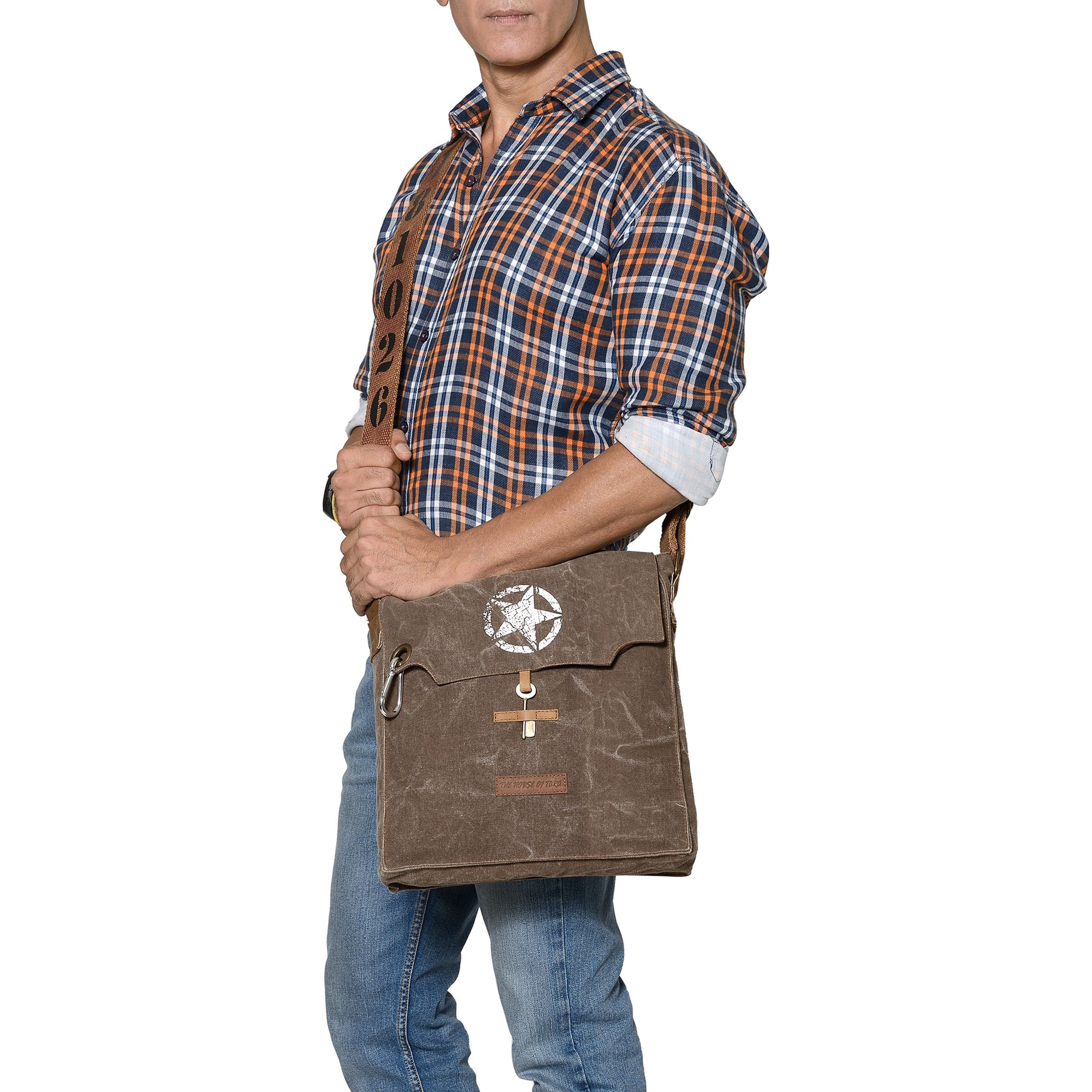 The House of tara Sturdy Cotton Canvas Messenger Bags for Men and Women | With two Magnetic Snap Buttons Flap Closure, Adjustable Body Strap & Multiutility Lobster Hook (Brown)