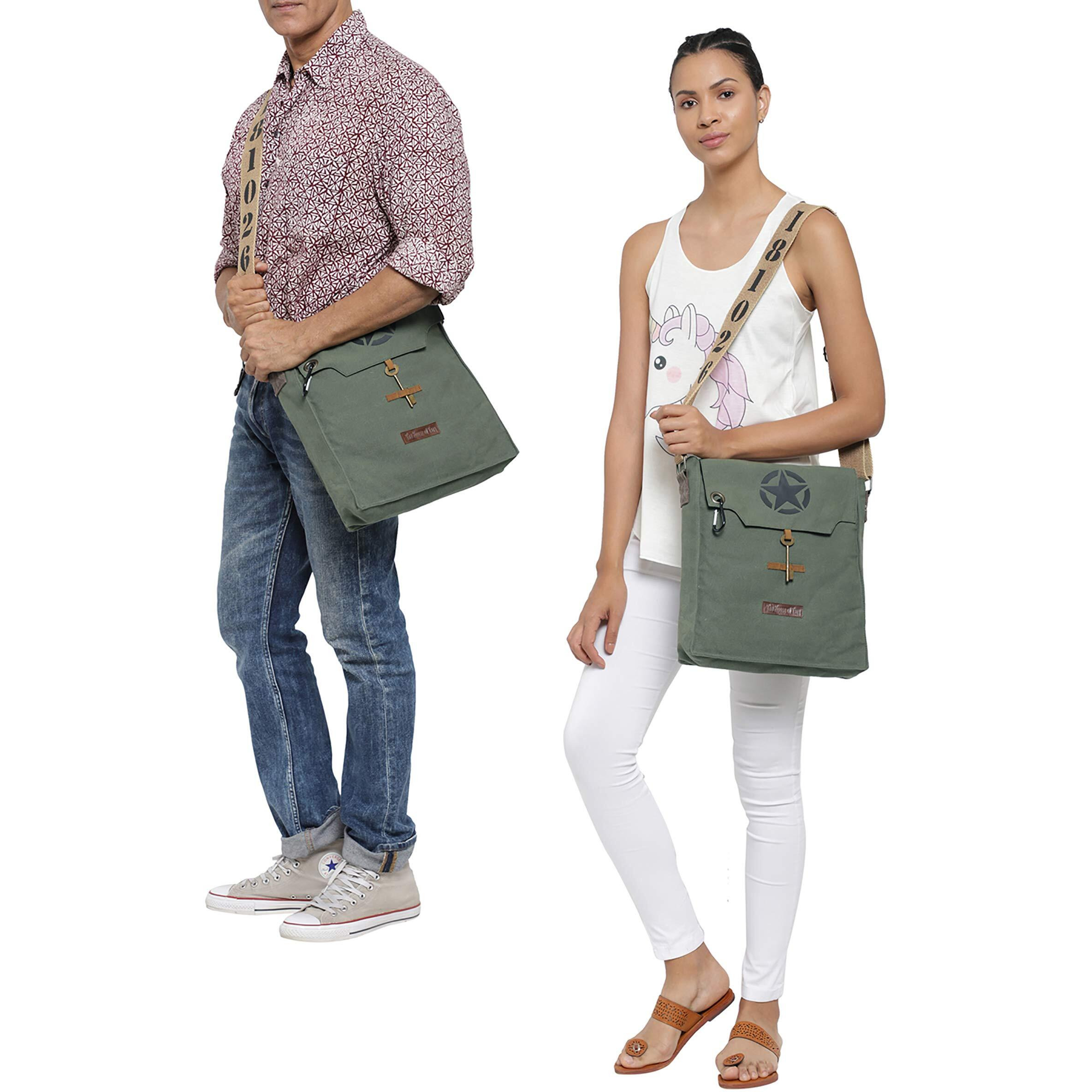 The House of tara Sturdy Cotton Canvas Messenger Bags for Men and Women | With two Magnetic Snap Buttons Flap Closure, Adjustable Body Strap & Multiutility Lobster Hook (Green)