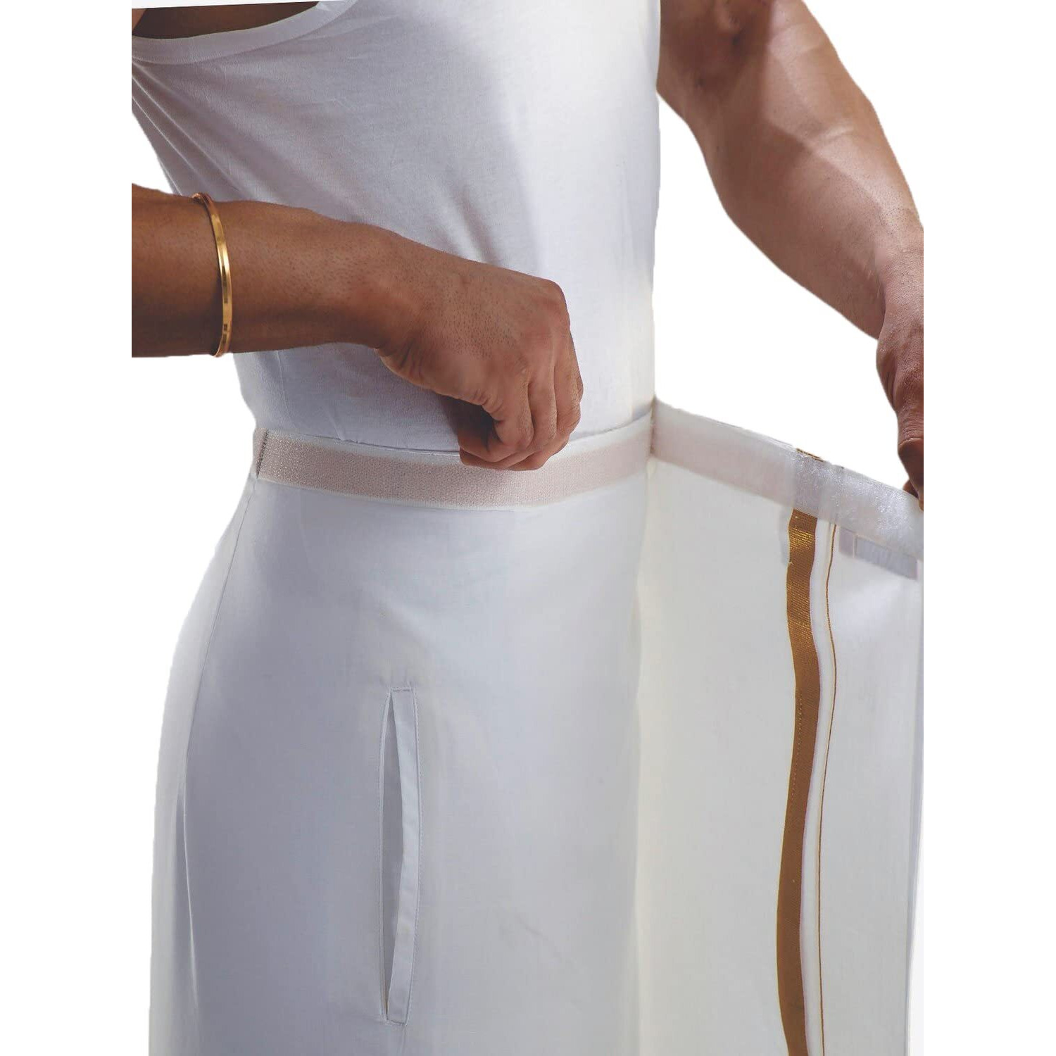 PRAKASAM COTTON White Colour-Gold Jari Border Welcro Pocket Stitched dhoti for mens/Size Hip -44 inches- Length- 42 inches
