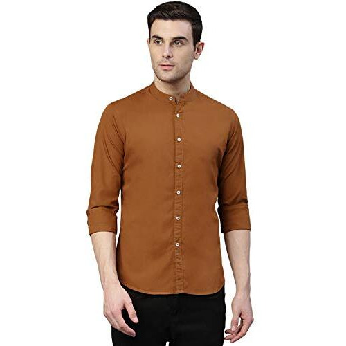 Dennis Lingo Men s Solid Chinese Collar Brown Casual Shirt (CC201Brown_XXL)