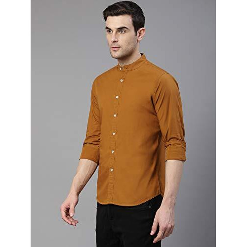 Dennis Lingo Men s Solid Chinese Collar Brown Casual Shirt (CC201Brown_XXL)