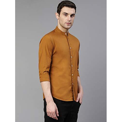 Dennis Lingo Men s Solid Chinese Collar Brown Casual Shirt (CC201Brown_XXL)