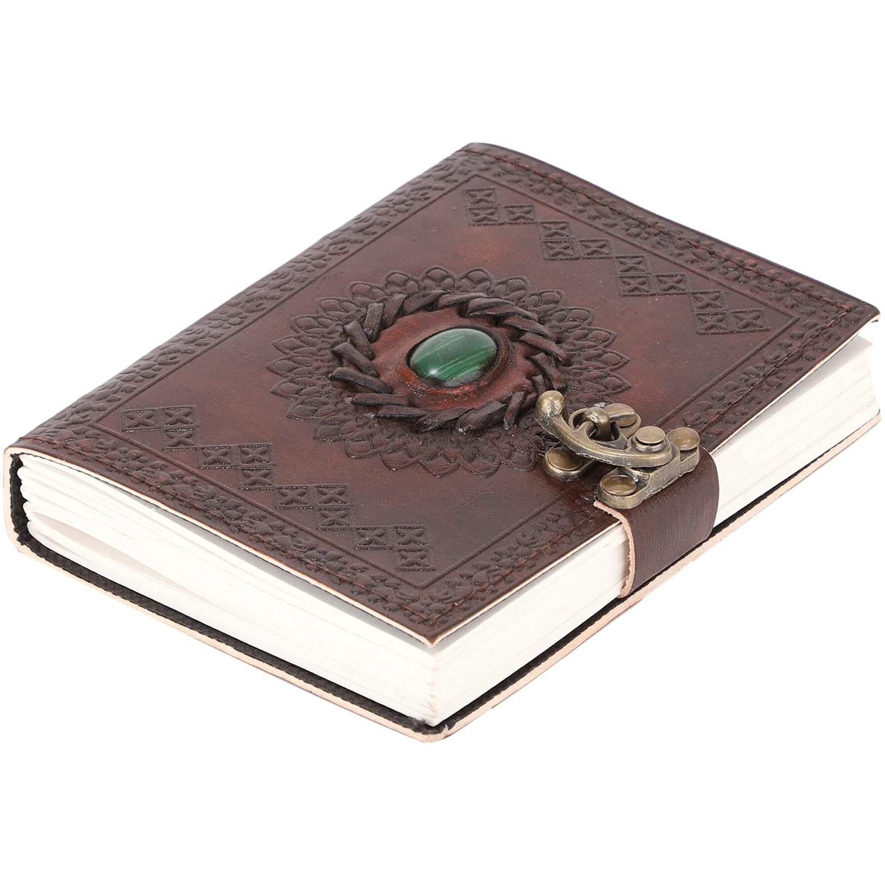 ALCRAFT Real Leather Green Stone Brown Embossed Handmade Diary with Metal Lock -Size of (H) 6*(L) 4.5 Brown