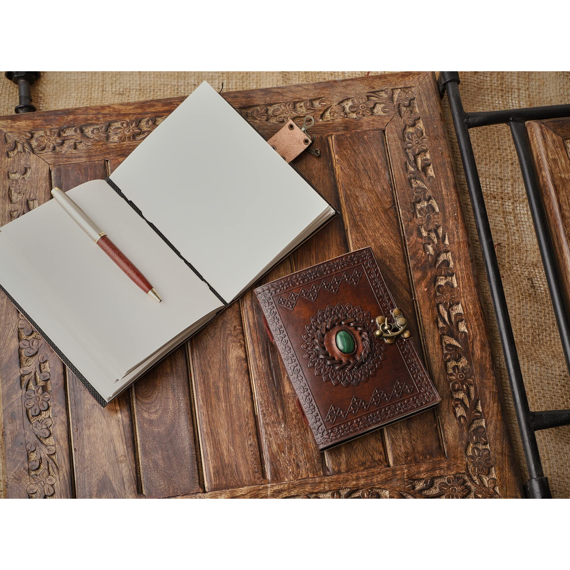 ALCRAFT Real Leather Green Stone Brown Embossed Handmade Diary with Metal Lock -Size of (H) 6*(L) 4.5 Brown