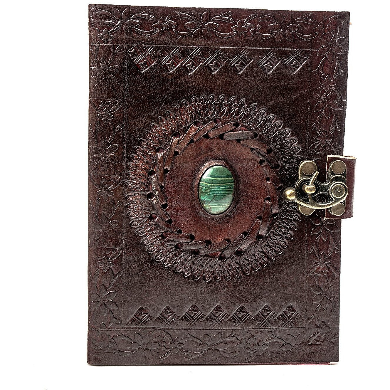ALCRAFT Real Leather Green Stone Brown Embossed Handmade Diary with Metal Lock -Size of (H) 7*(L) 5* Brown