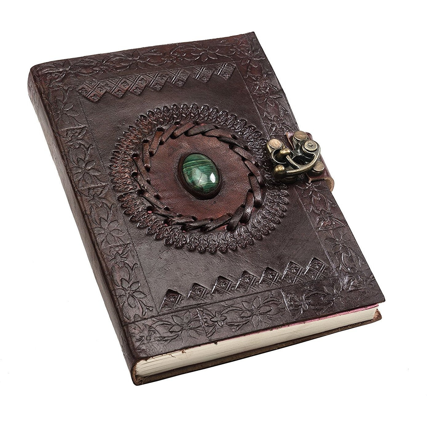 ALCRAFT Real Leather Green Stone Brown Embossed Handmade Diary with Metal Lock -Size of (H) 7*(L) 5* Brown