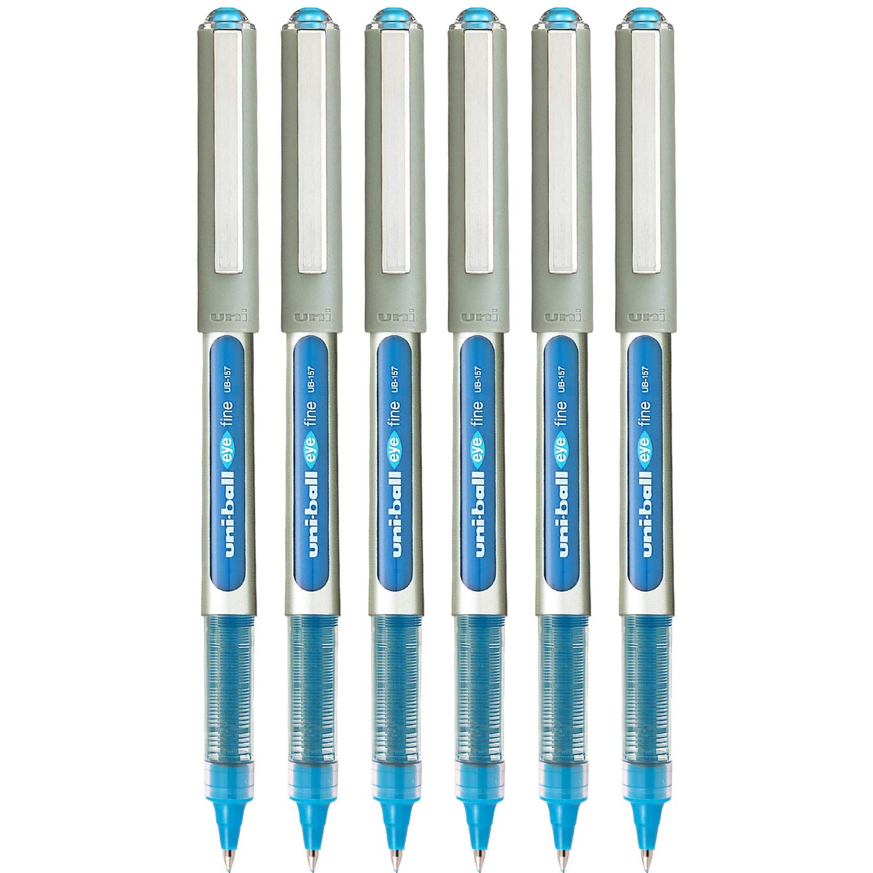 uni-ball Eye UB157 0.7mm Roller Ball Pen | Waterproof Pigment Ink | Light weighted Sleek Body | Long Lasting Smudge Free Ink | School and Office stationery | Light Blue Ink, Pack of 6