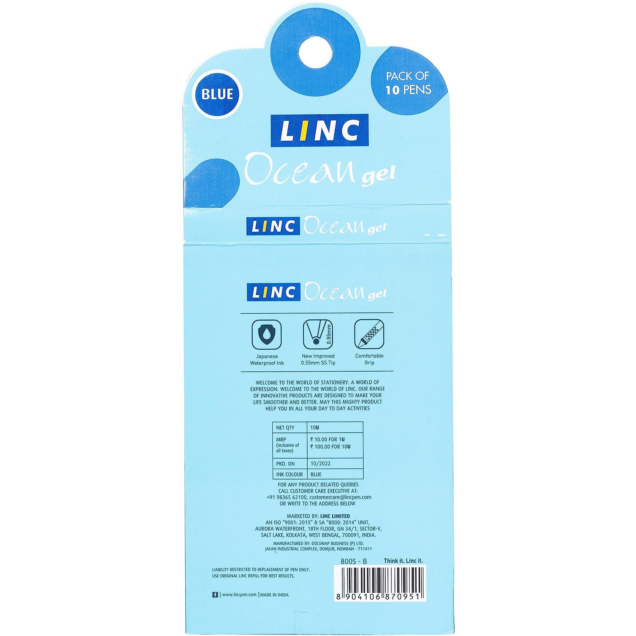 Linc Ocean Classic 0.55 mm Gel Pen | Blue Ink Pack Of 10
