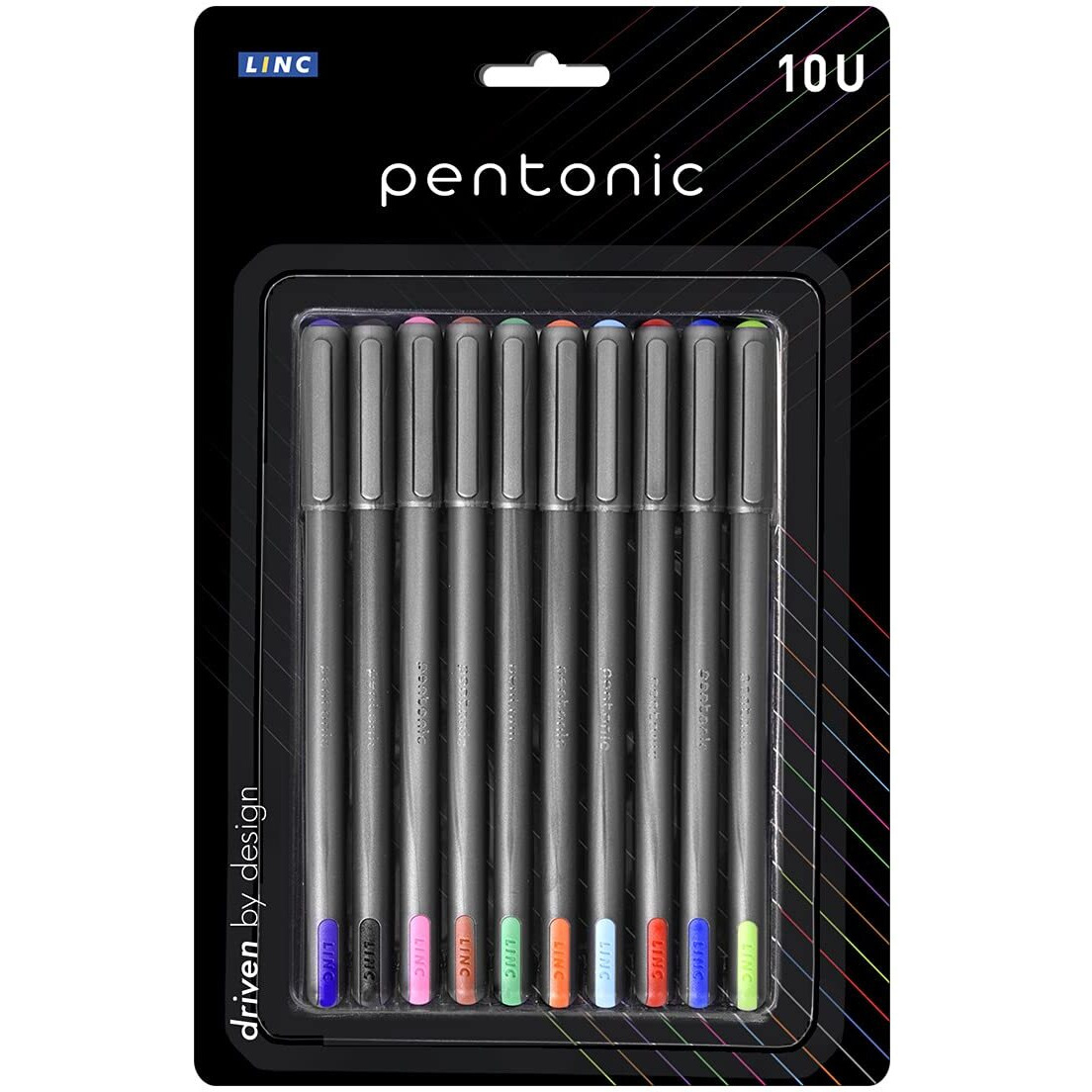 Pentonic 1.0mm Ball Pen Blister Pack | Grey Body | Pink,Green,Orange,Brown,Lime Green,Purple,Turquoise Blue,Blue,Grey,Red Ink | Set of 10 Pens