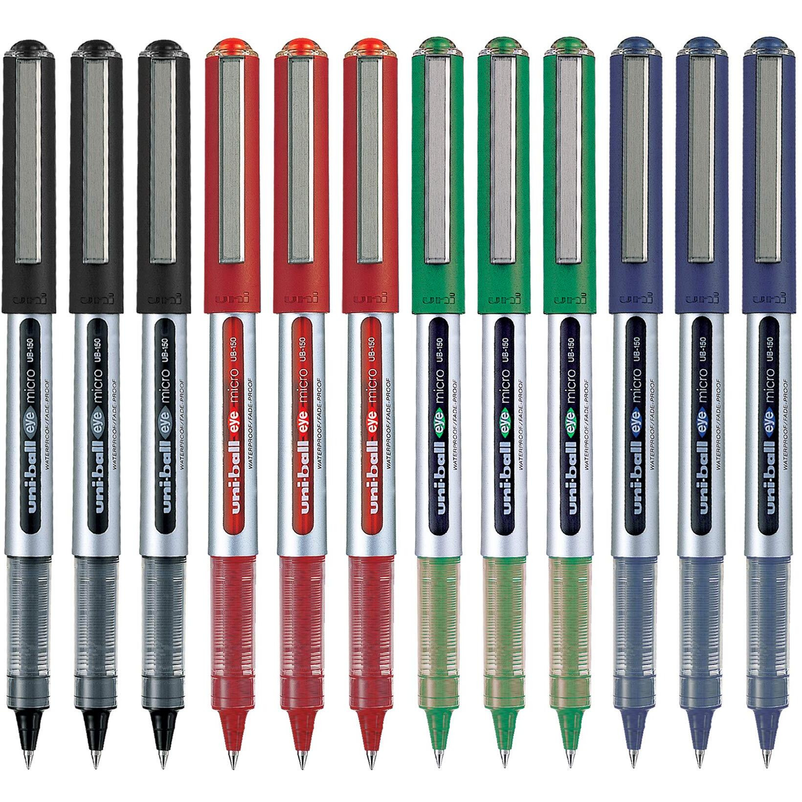 uni-ball Eye UB150 0.5mm Roller Ball Pen | Blue, Black, Red & Green Ink, Pack of 12