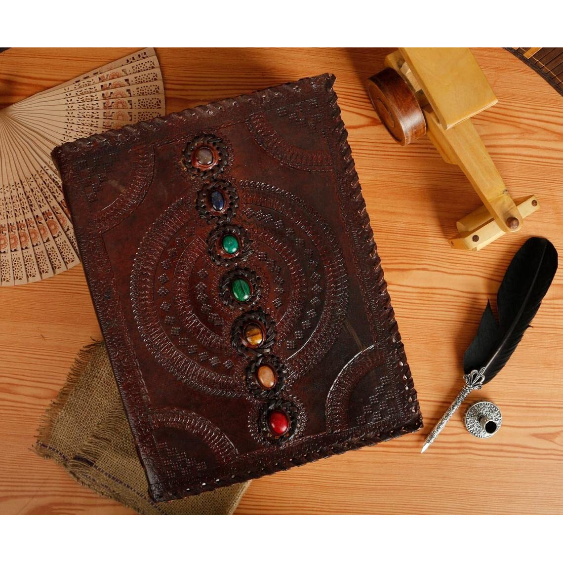 ALCRAFT Handmade Leather Diary Journal Seven Chakra Medieval Stone with C Lock Daily Planner Guest Book- 10 X 13 Inch, Brown
