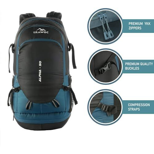TRAWOC ALPHA 50 Litre Travel Backpack Water Resistant Daypack Bag for Cycling Trekking Hiking Camping for Men & Women, 3 Year Warranty, Sky Blue