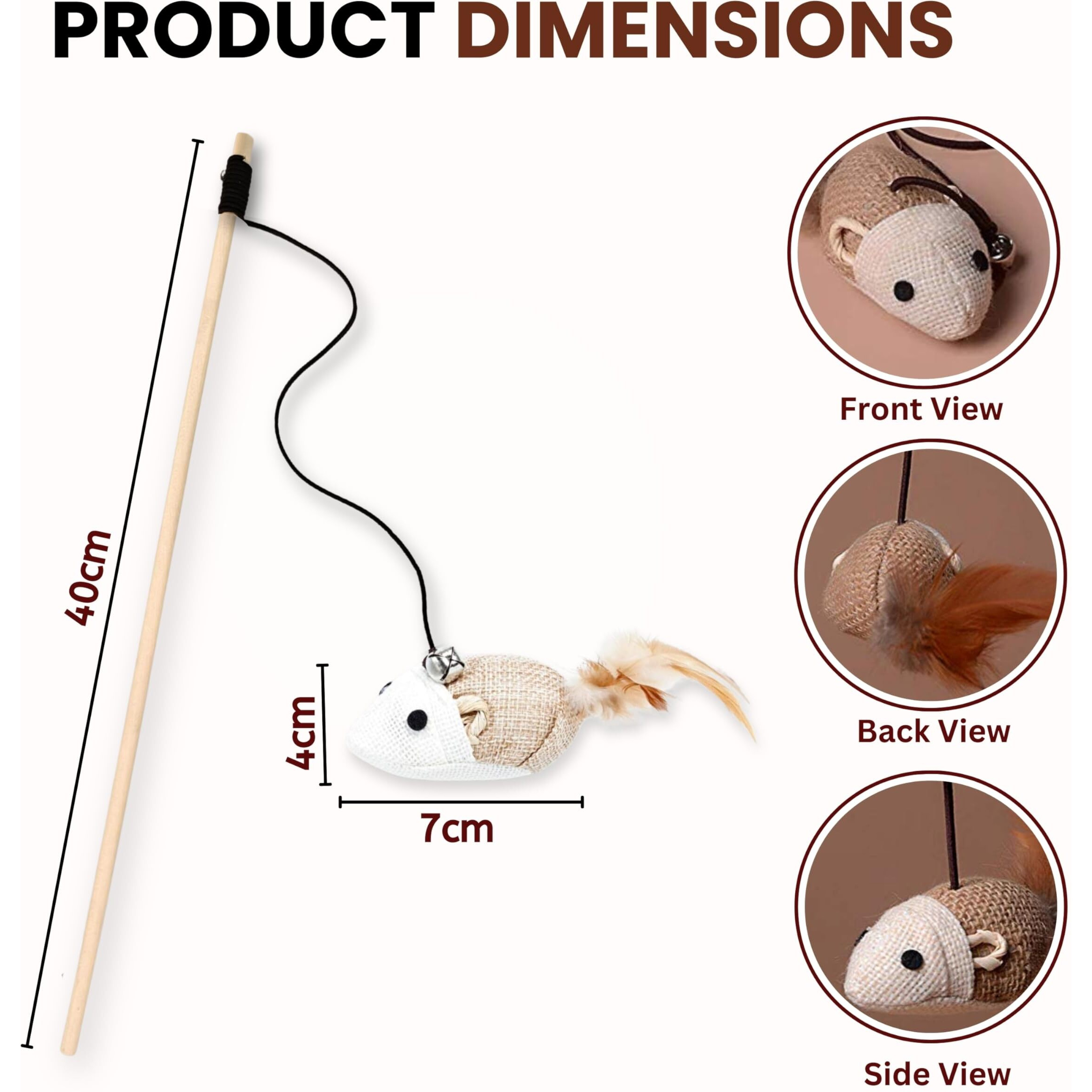 Foodie Puppies Cat Teaser Playing Stick Wooden Cat Wand Toy for Cats and Kittens - (Mouse-Bell - 40cm), Interactive Feather Toy, Wood Teaser Wands, Fun Catcher Cats Stick Toy, Kitty Activity Teaser
