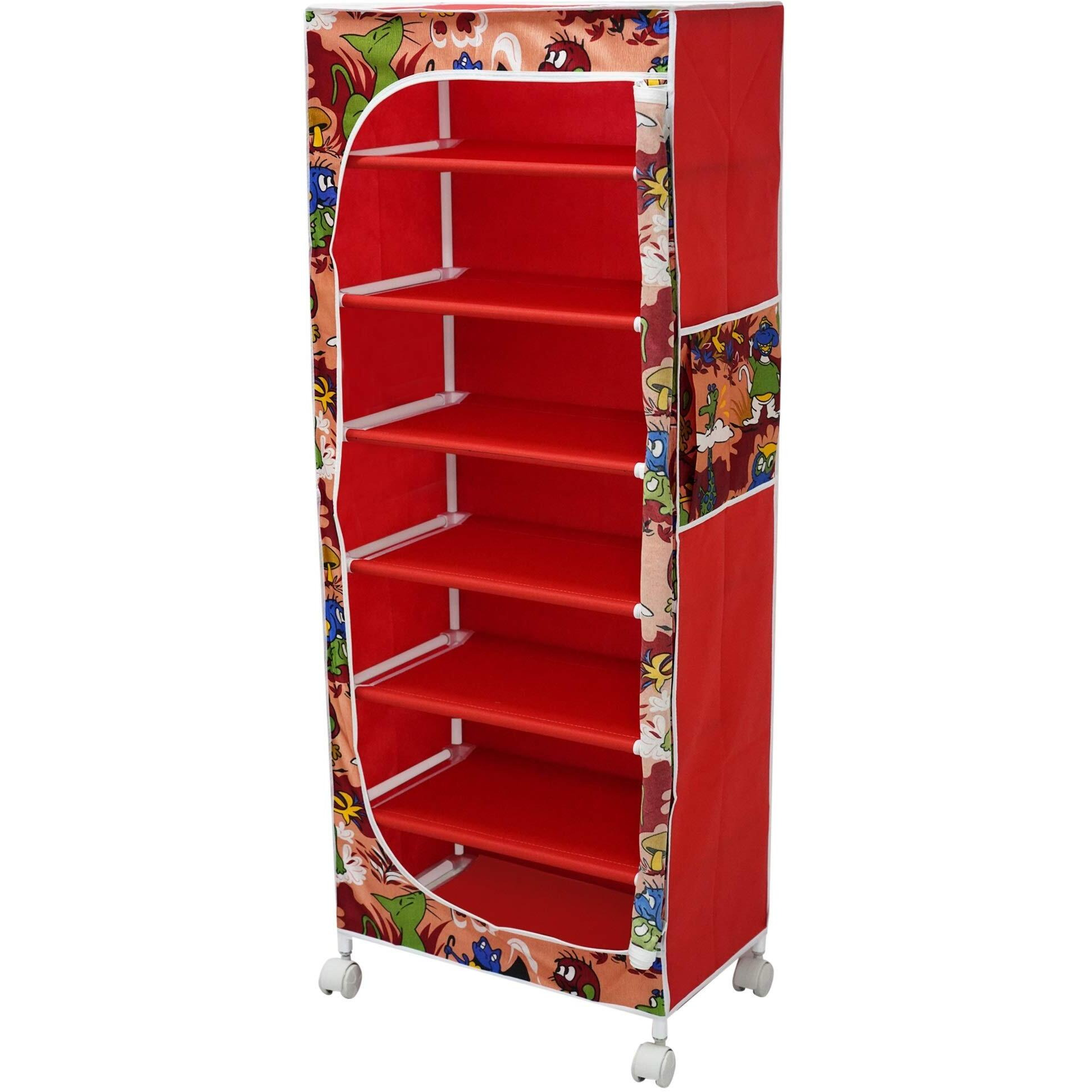 Little One s 7 Shelves Baby Foldable Wardrobe | Jungle Red (Made In India) - Fabric