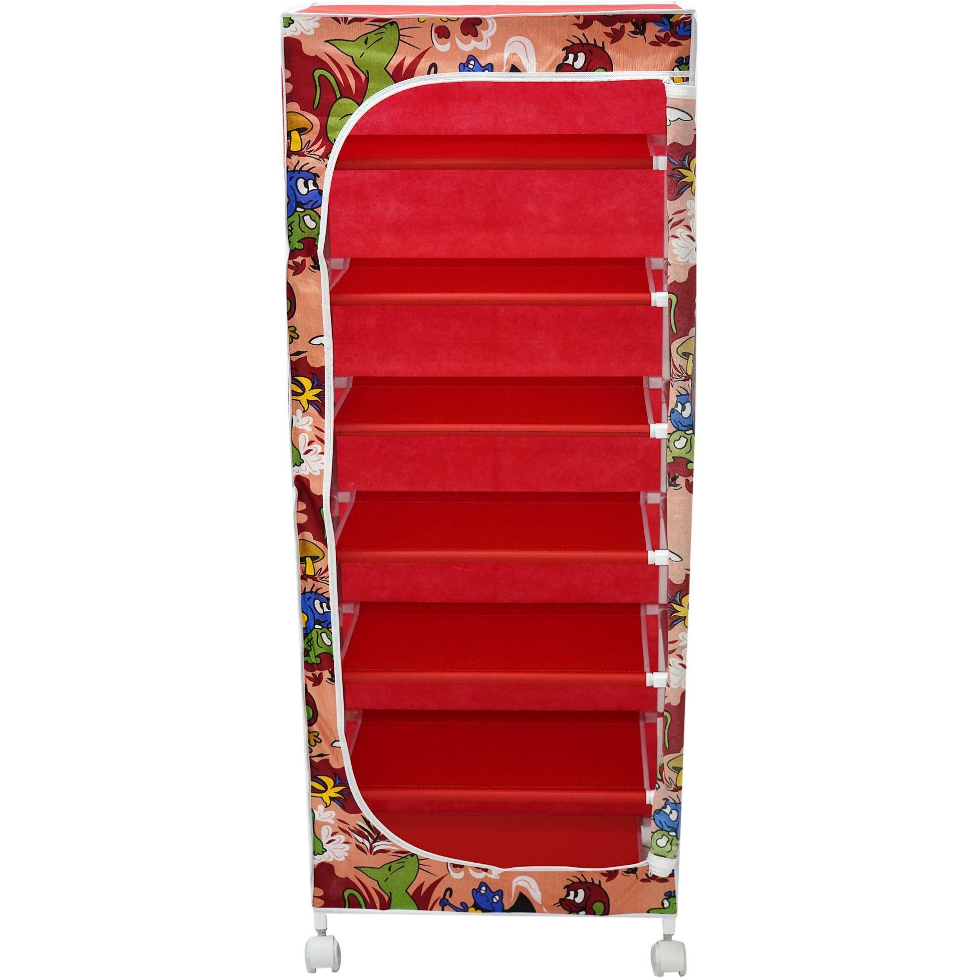 Little One s 7 Shelves Baby Foldable Wardrobe | Jungle Red (Made In India) - Fabric