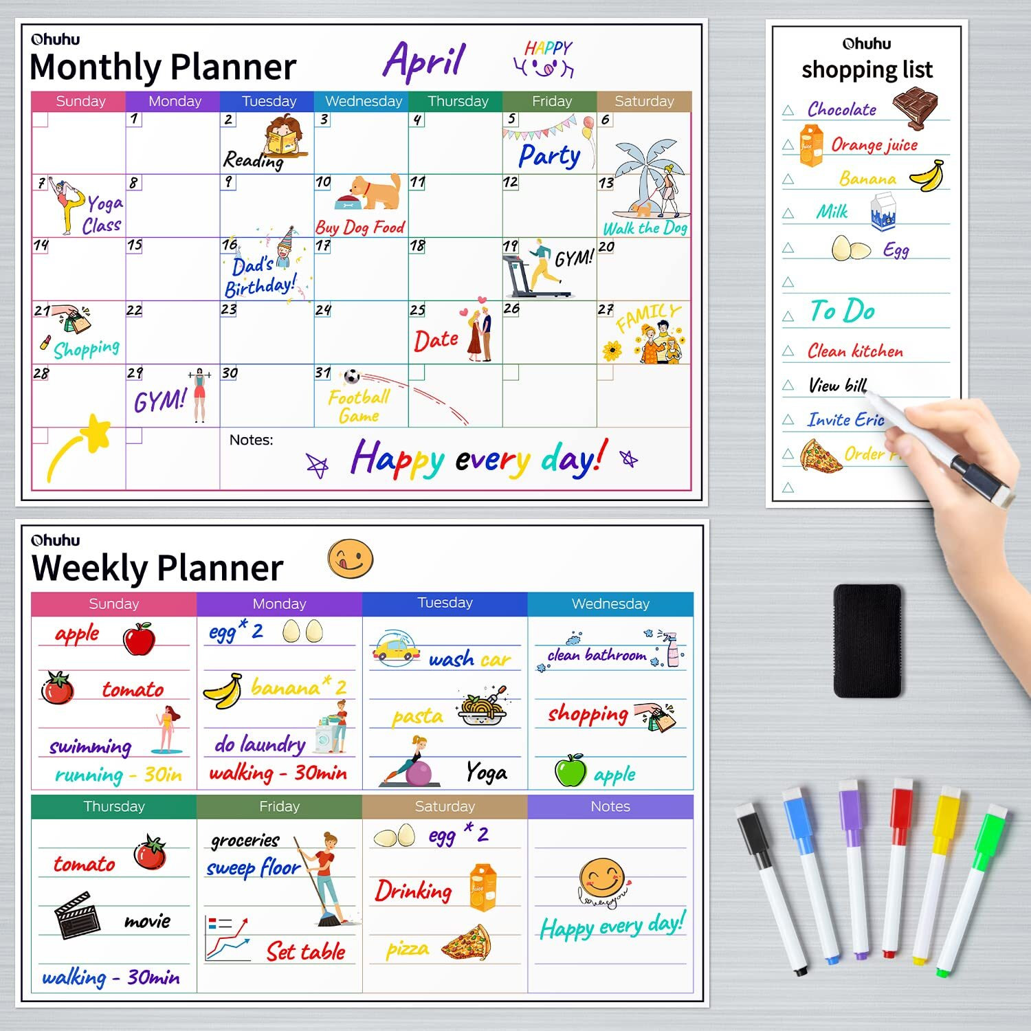 Ohuhu Metal Dry Erase Calendar For Fridge, Set Of 3 Magnetic Calendars 17X12  Monthly Calendars, 17X12  Weekly Organizer & 5X12  Daily Notepad With 6 Markers And A Eraser For Kitchen Refrigerator