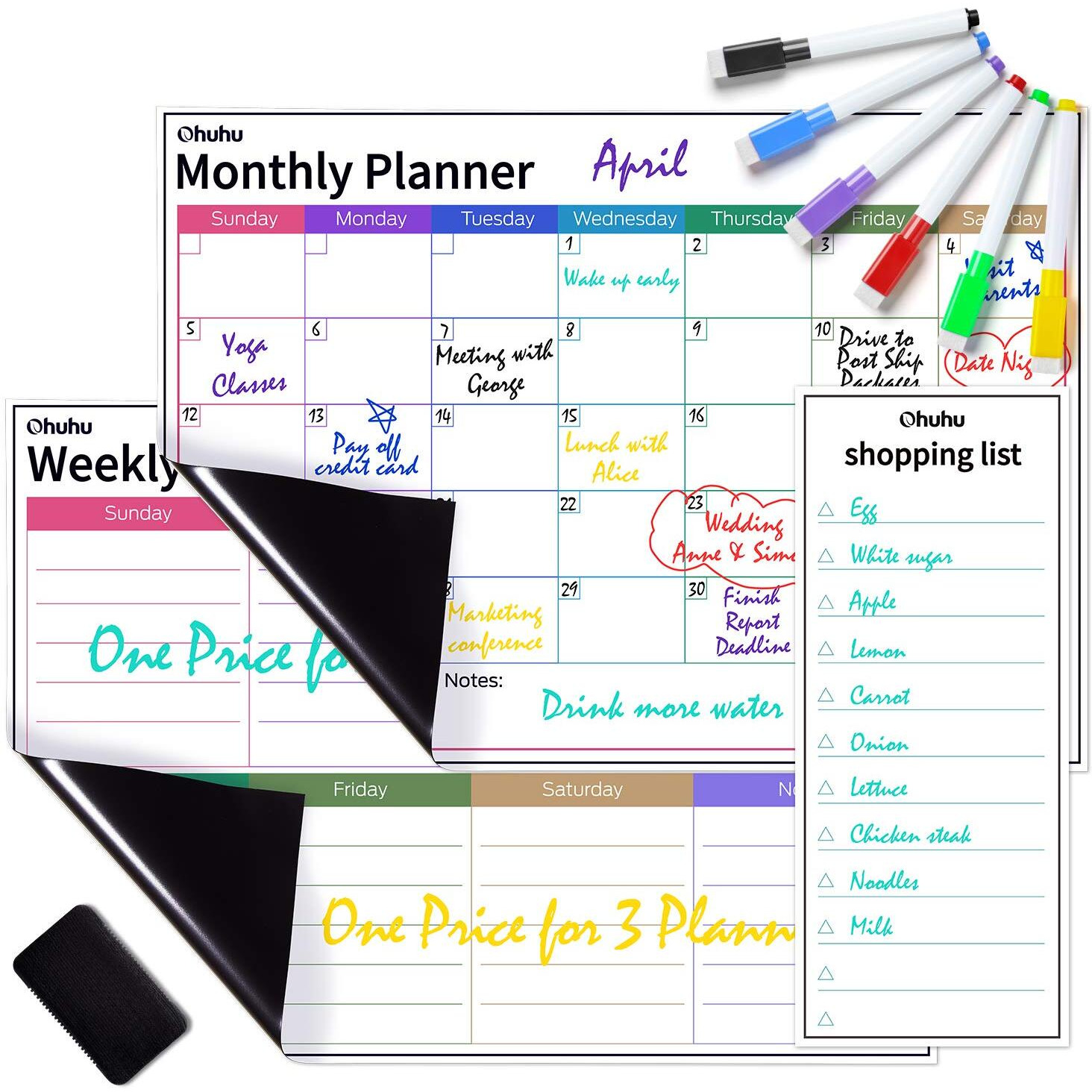 Ohuhu Metal Dry Erase Calendar For Fridge, Set Of 3 Magnetic Calendars 17X12  Monthly Calendars, 17X12  Weekly Organizer & 5X12  Daily Notepad With 6 Markers And A Eraser For Kitchen Refrigerator