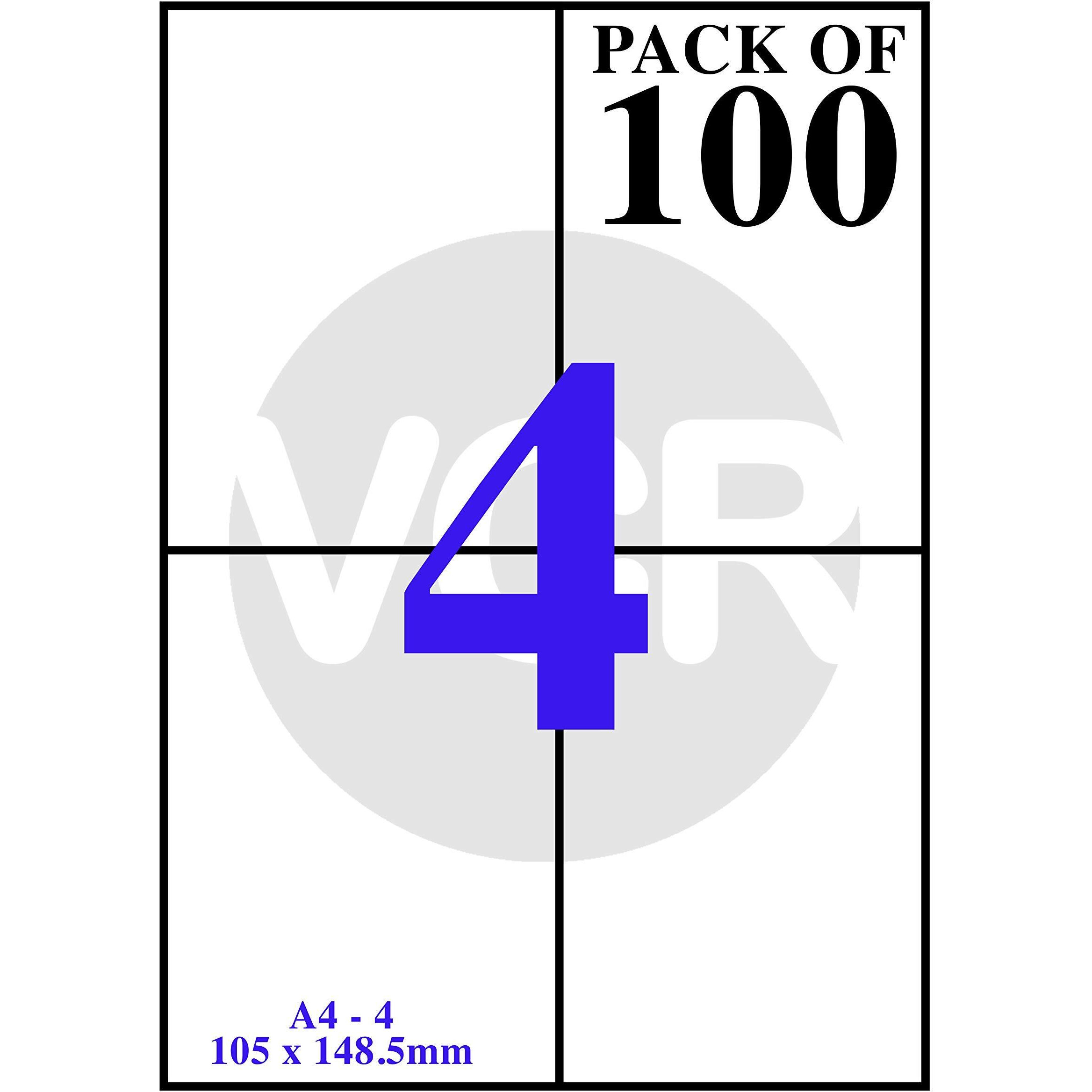 VCR A4 Size White Self Adhesive Label/Sticker for Printer (Inject/Copier/Laser) - 4 Sticker Per Sheet - 100 Sheets Pack