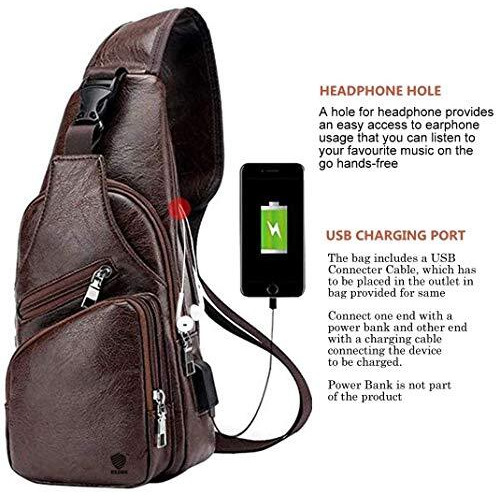 Elios Men s PU Leather Multipurpose Daypack Shoulder Sling Bag Chest Crossbody Shoulder Chest Travel Bag with USB Charging Port Black