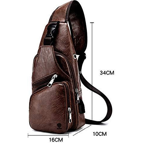 Elios Men s PU Leather Multipurpose Daypack Shoulder Sling Bag Chest Crossbody Shoulder Chest Travel Bag with USB Charging Port Black