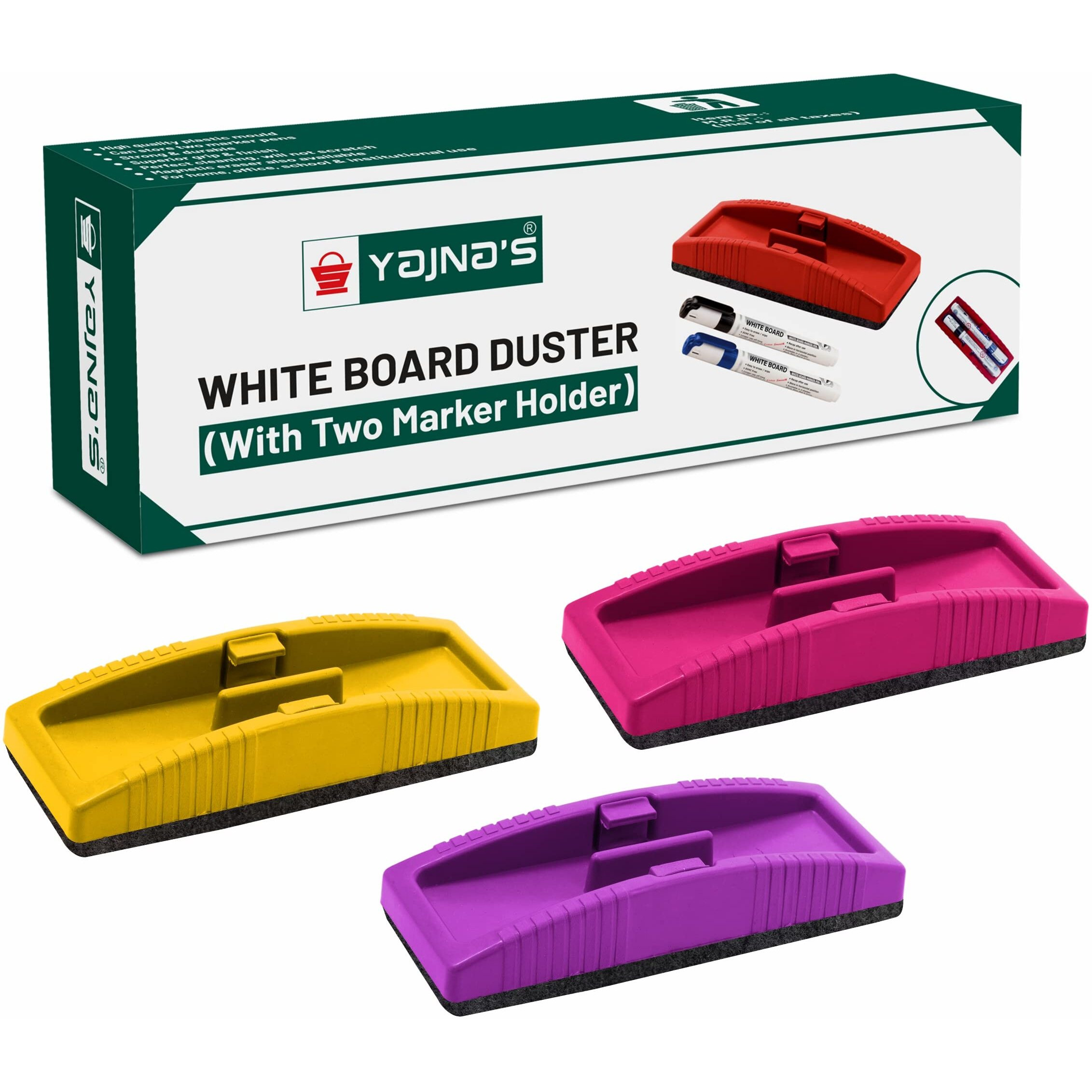YAJNAS Non Magnetic White Board Duster | Whiteboard Eraser for Erasing White Board Marker or Chalk Board Writing - Assorted Colours, Ideal for Office, School, Home (Non Magnetic Duster, Pack of 3)
