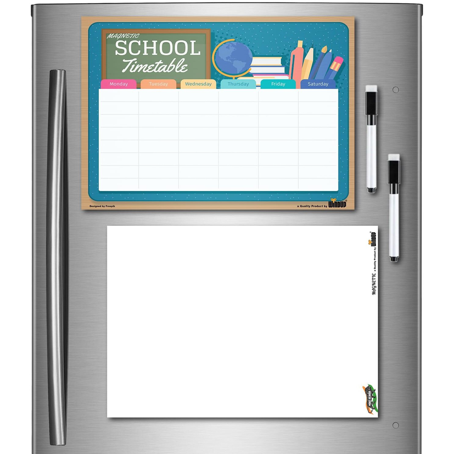 Windup Magnetic School Timetable And White Board Combo Reusable Dry-Erase /Rubber - Set Of 2 A4 (8X12 In) - Free Magnetic Marker Pen