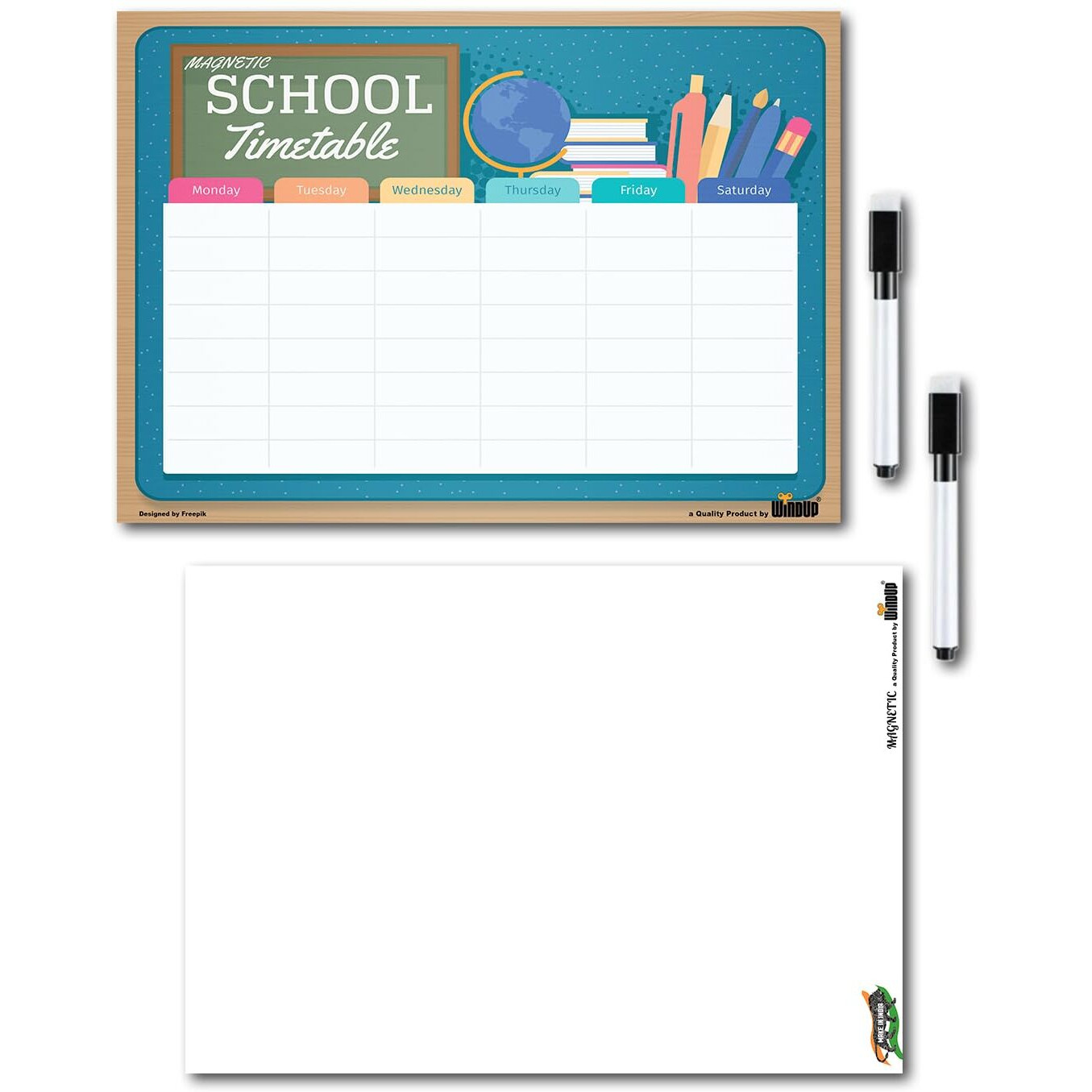 Windup Magnetic School Timetable And White Board Combo Reusable Dry-Erase /Rubber - Set Of 2 A4 (8X12 In) - Free Magnetic Marker Pen