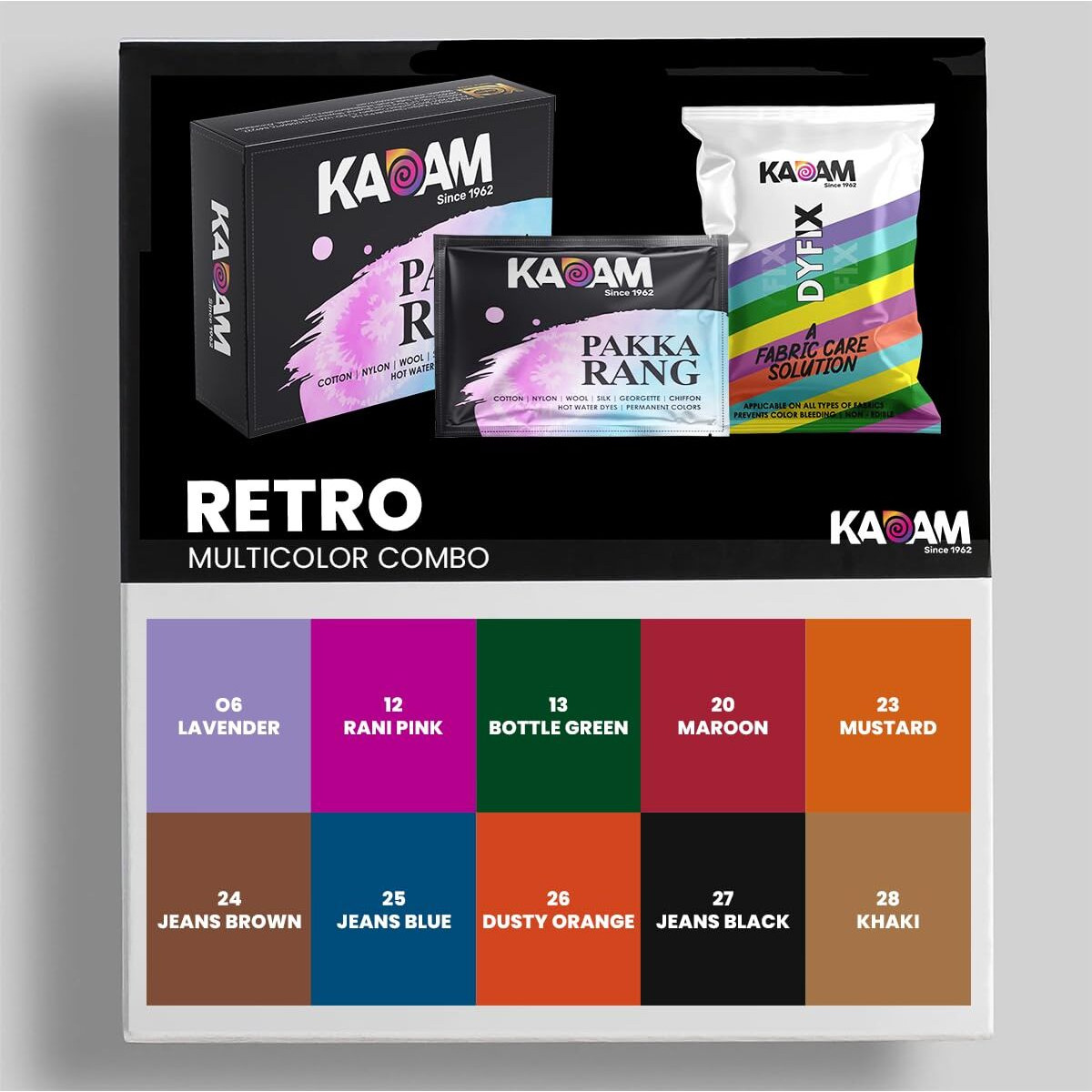 Kadam Pakka Rang Fabric Dye for Clothes, Multicolour Combo(C3 Retro-Lavender,Rani Pink,Bottle Green,Red Maroon,Mustard,Jeans Brown,Jeans Blue,Dusty Orange,Jeans Black,Khaki), DyFix Color Fixer