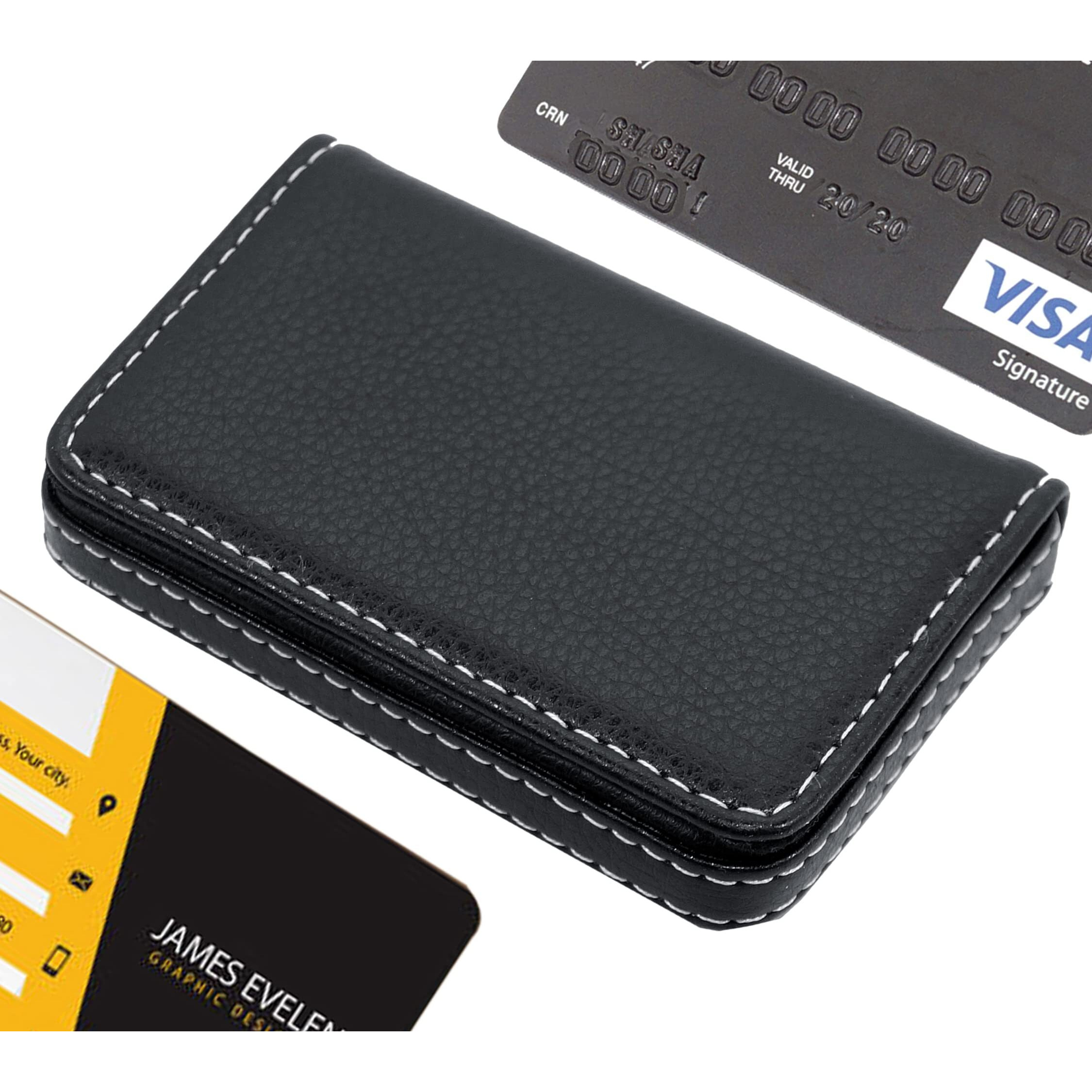 Storite Stitched PU Leather Credit Debit ATM Card Holder Visiting Business Card Case Wallet with Magnetic Shut for Men & Women (Black, 10 x 6 x1.4 cm)